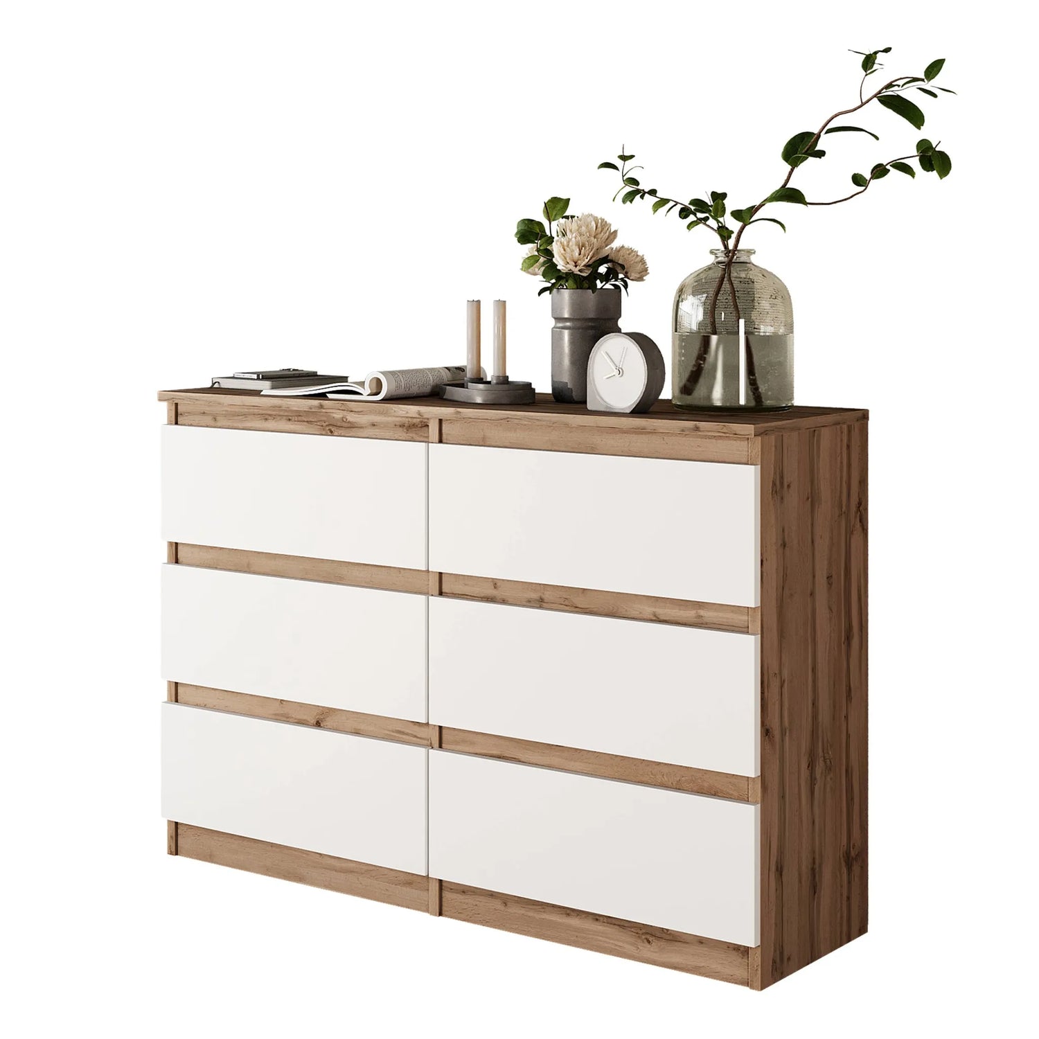 GABRIEL - Kommode / Sideboard mit 6 Schubladen - Wotan Eiche / Weiß Matt H71cm B100cm TD33cm – Furnica