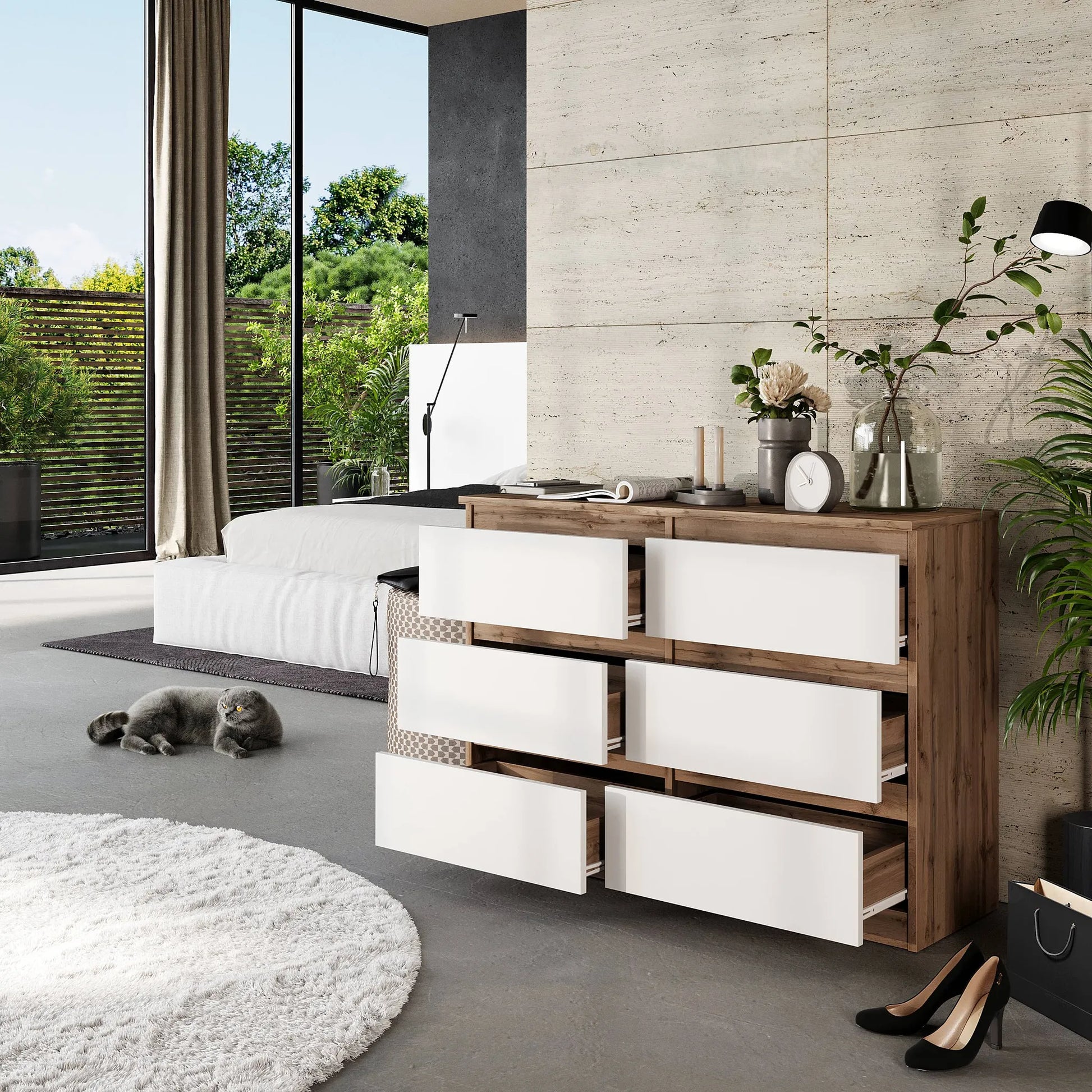 GABRIEL - Kommode / Sideboard mit 6 Schubladen - Wotan Eiche / Weiß Matt H71cm B100cm TD33cm – Furnica