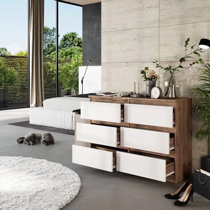 GABRIEL - Kommode / Sideboard mit 6 Schubladen - Wotan Eiche / Weiß Matt H71cm B100cm TD33cm – Furnica