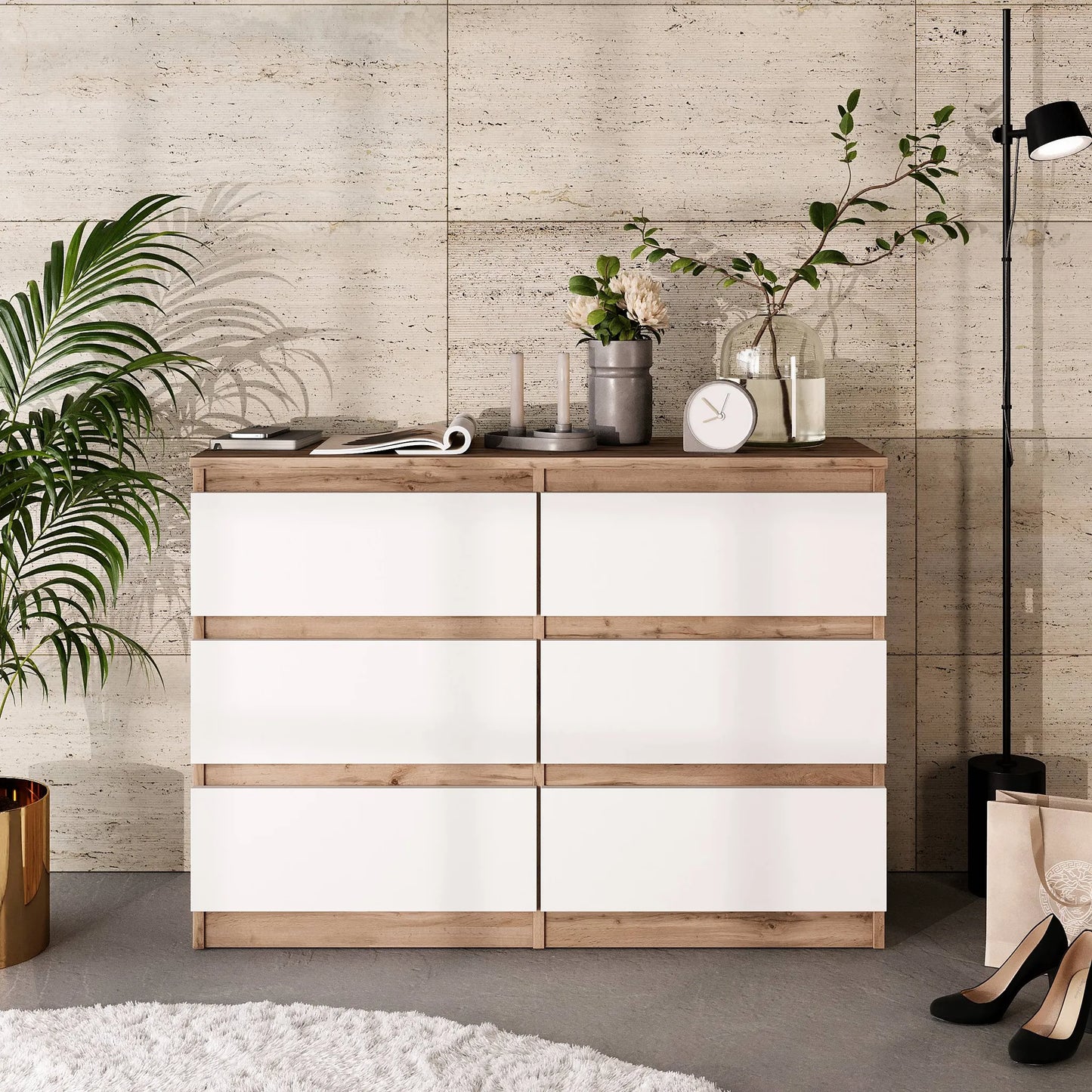 GABRIEL - Kommode / Sideboard mit 6 Schubladen - Wotan Eiche / Weiß Matt H71cm B100cm TD33cm – Furnica