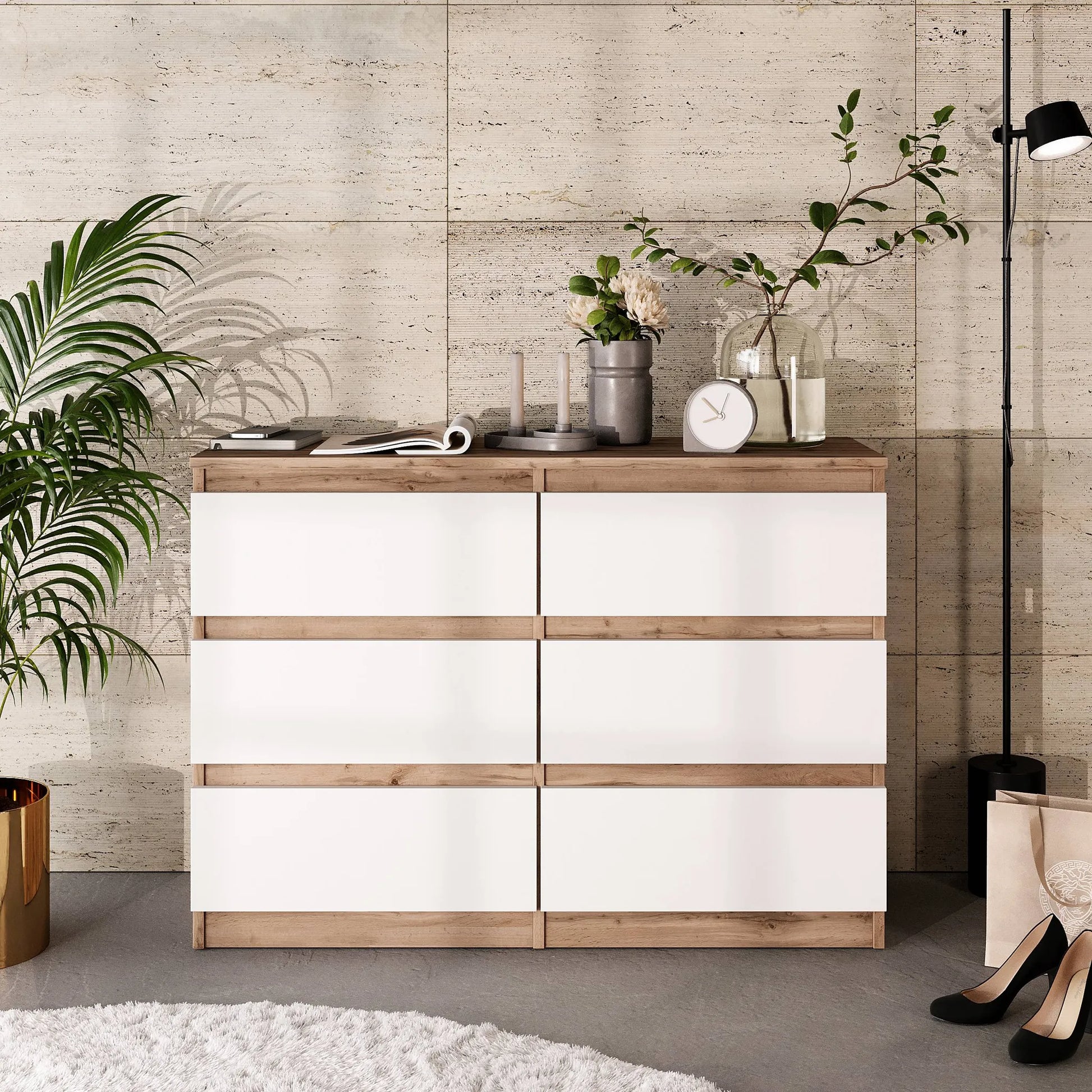 GABRIEL - Kommode / Sideboard mit 6 Schubladen - Wotan Eiche / Weiß Matt H71cm B100cm TD33cm – Furnica
