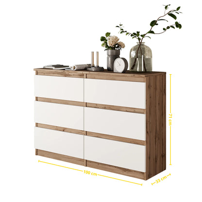 GABRIEL - Kommode / Sideboard mit 6 Schubladen - Wotan Eiche / Weiß Matt H71cm B100cm TD33cm – Furnica