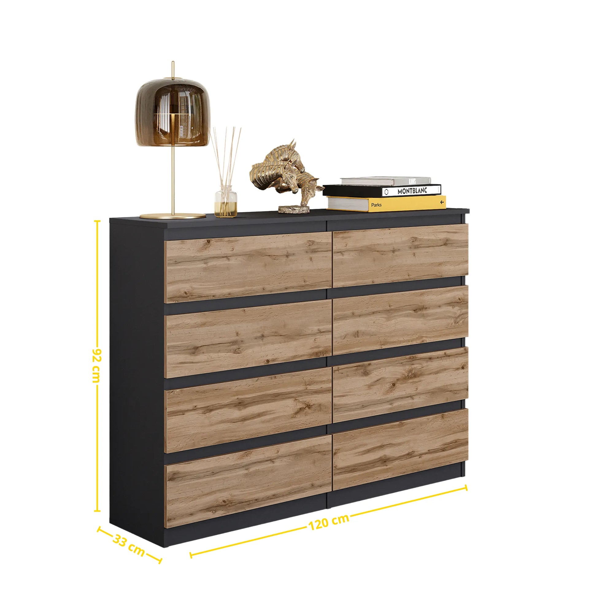 GABRIEL - Kommode / Sideboard mit 8 Schubladen - Anthrazit Grau / Wotan Eiche H92cm B120cm T33cm – Furnica