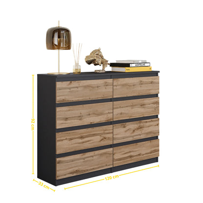 GABRIEL - Kommode / Sideboard mit 8 Schubladen - Anthrazit Grau / Wotan Eiche H92cm B120cm T33cm – Furnica