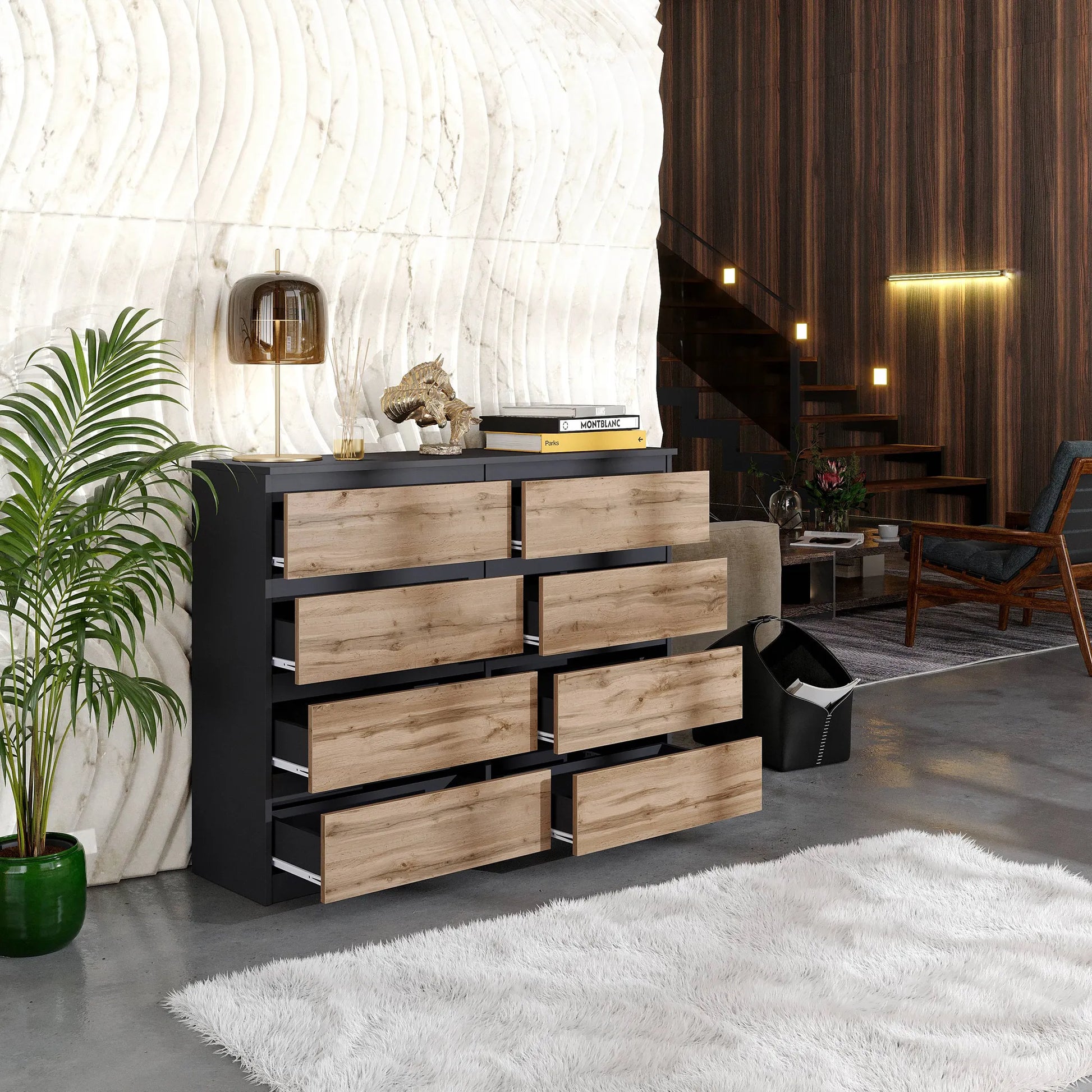 GABRIEL - Kommode / Sideboard mit 8 Schubladen - Anthrazit Grau / Wotan Eiche H92cm B120cm T33cm – Furnica