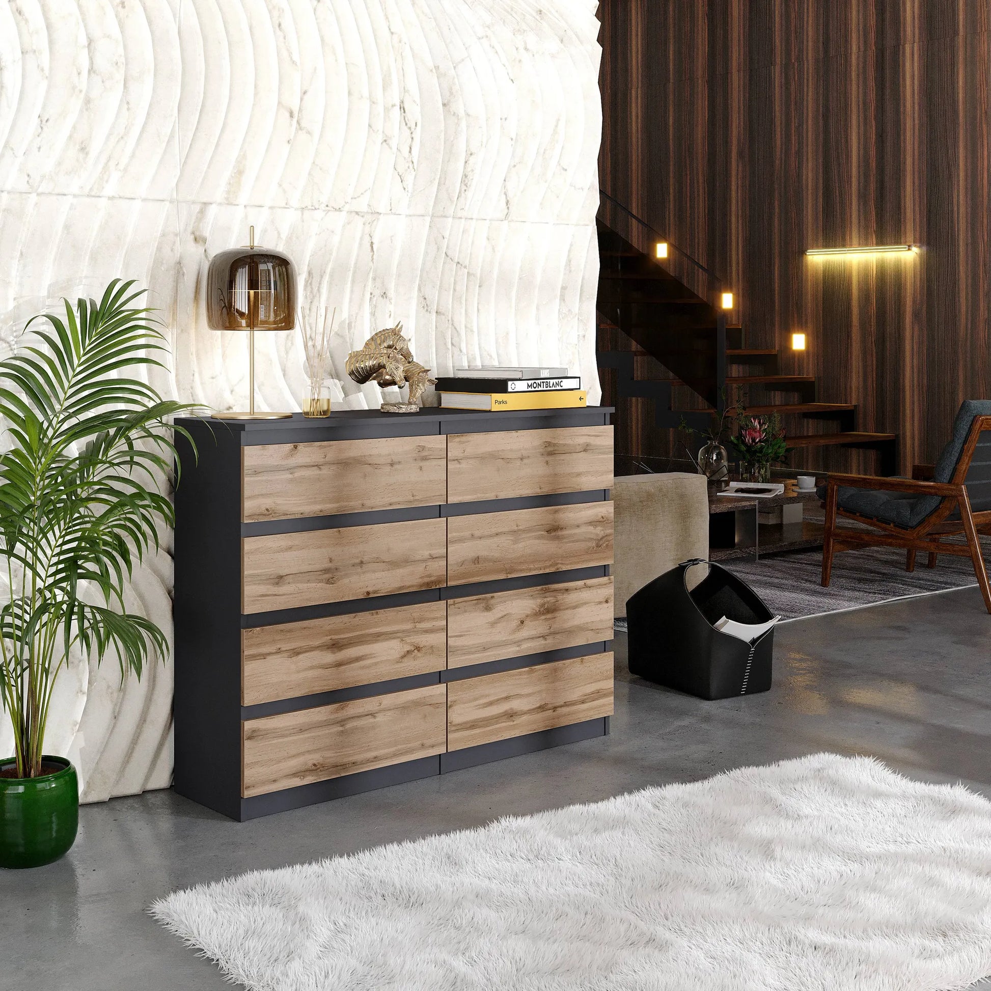 GABRIEL - Kommode / Sideboard mit 8 Schubladen - Anthrazit Grau / Wotan Eiche H92cm B120cm T33cm – Furnica