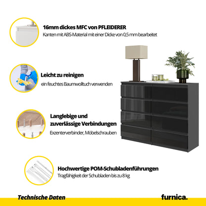 GABRIEL - Kommode / Sideboard mit 8 Schubladen - Anthrazit / Schwarz Gloss H92cm B120cm T33cm – Furnica
