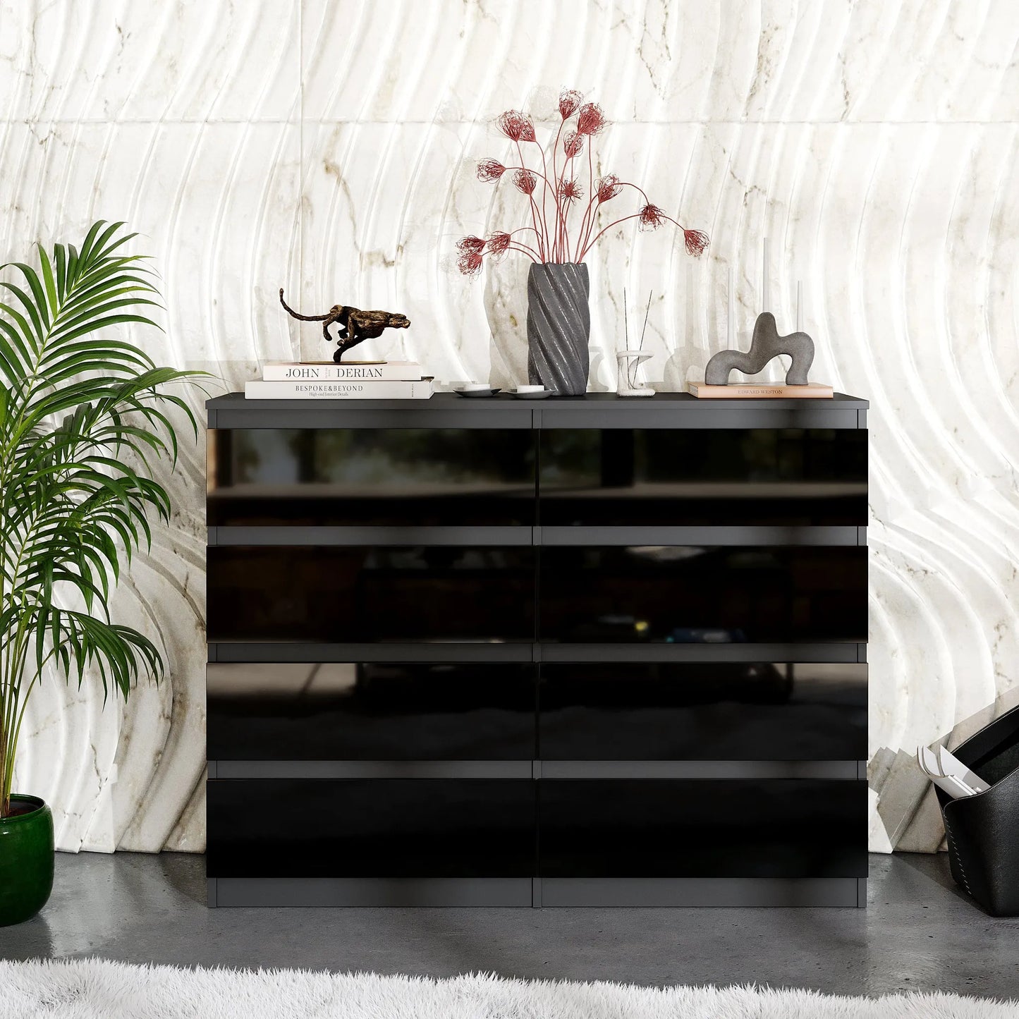 GABRIEL - Kommode / Sideboard mit 8 Schubladen - Anthrazit / Schwarz Gloss H92cm B120cm T33cm – Furnica