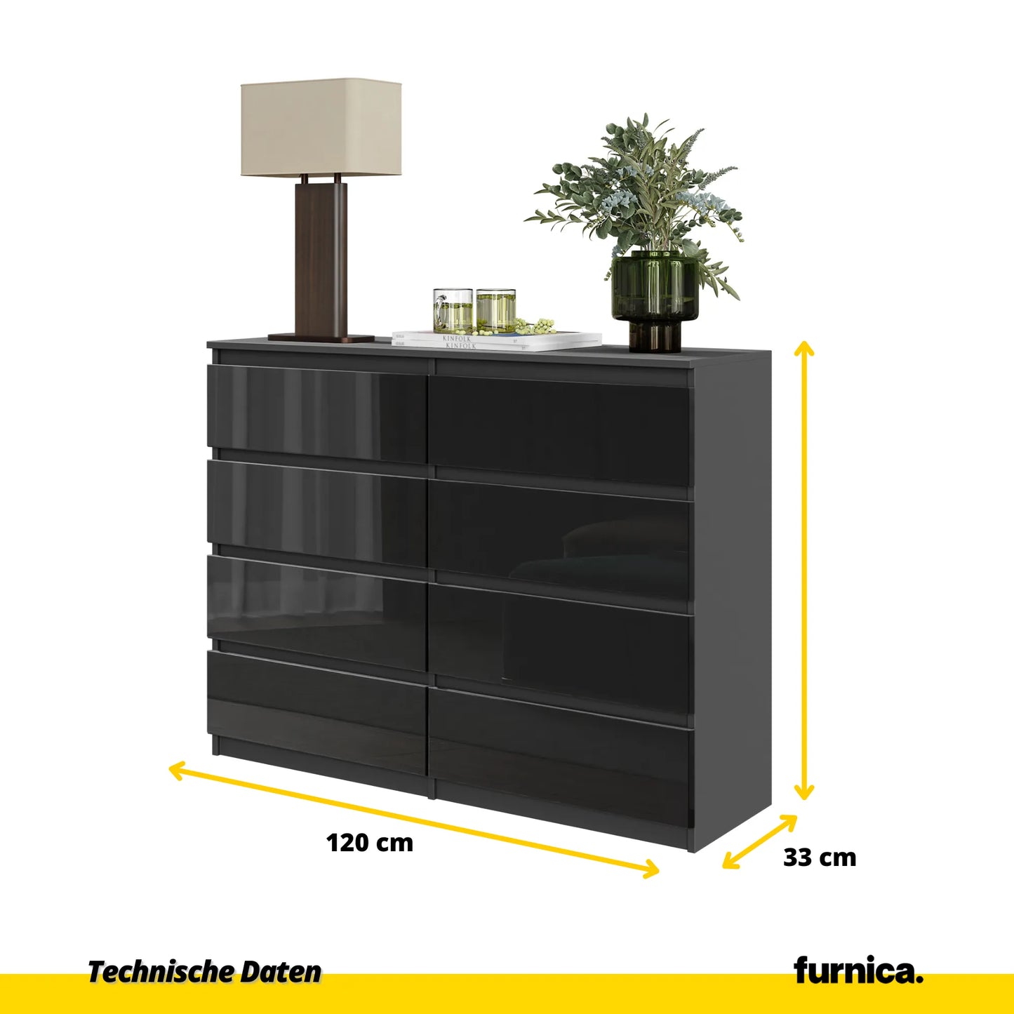 GABRIEL - Kommode / Sideboard mit 8 Schubladen - Anthrazit / Schwarz Gloss H92cm B120cm T33cm – Furnica