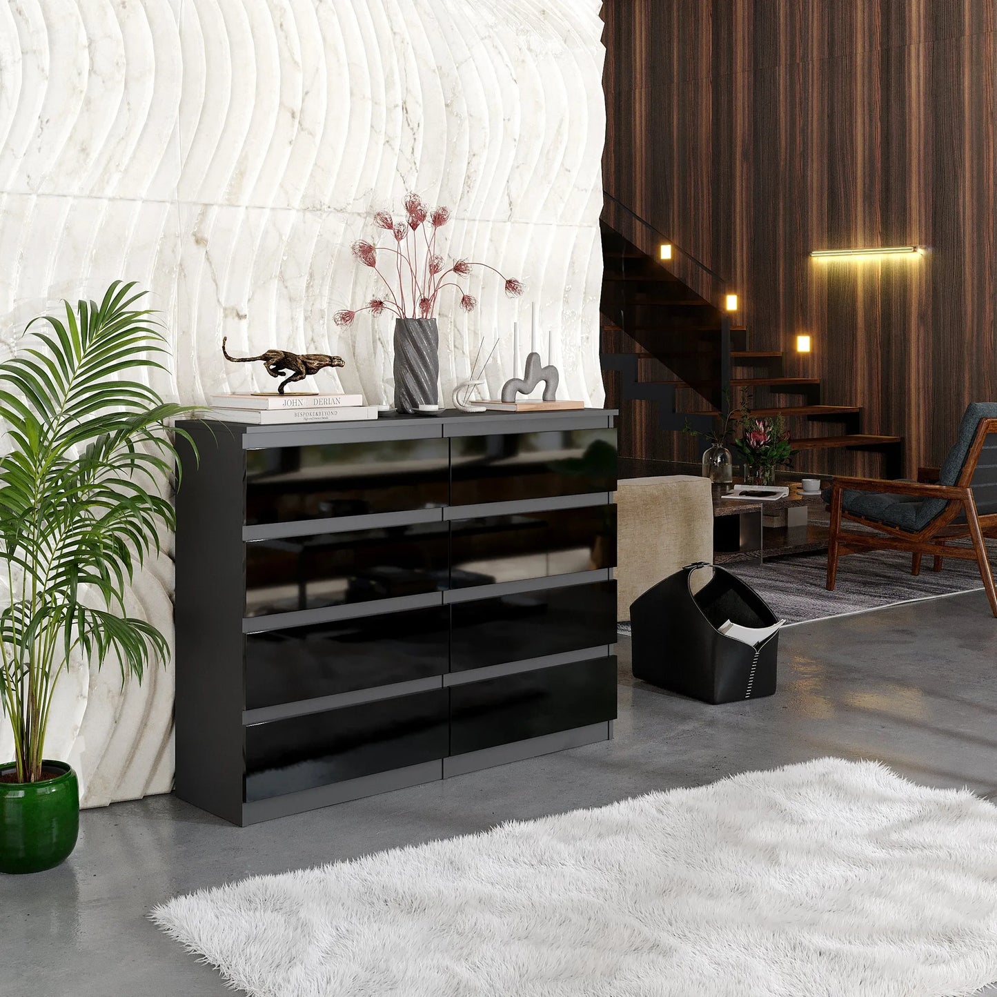 GABRIEL - Kommode / Sideboard mit 8 Schubladen - Anthrazit / Schwarz Gloss H92cm B120cm T33cm – Furnica