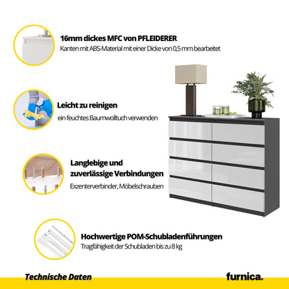 GABRIEL - Kommode / Sideboard mit 8 Schubladen - Anthrazit / Weiß Gloss H92cm B120cm T33cm – Furnica