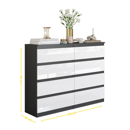 GABRIEL - Kommode / Sideboard mit 8 Schubladen - Anthrazit / Weiß Gloss H92cm B120cm T33cm – Furnica