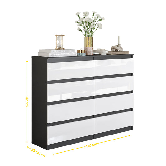 GABRIEL - Kommode / Sideboard mit 8 Schubladen - Anthrazit / Weiß Gloss H92cm B120cm T33cm – Furnica