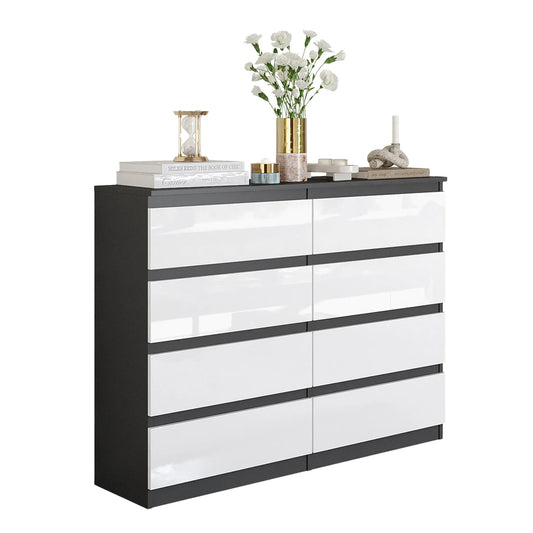 GABRIEL - Kommode / Sideboard mit 8 Schubladen - Anthrazit / Weiß Gloss H92cm B120cm T33cm – Furnica