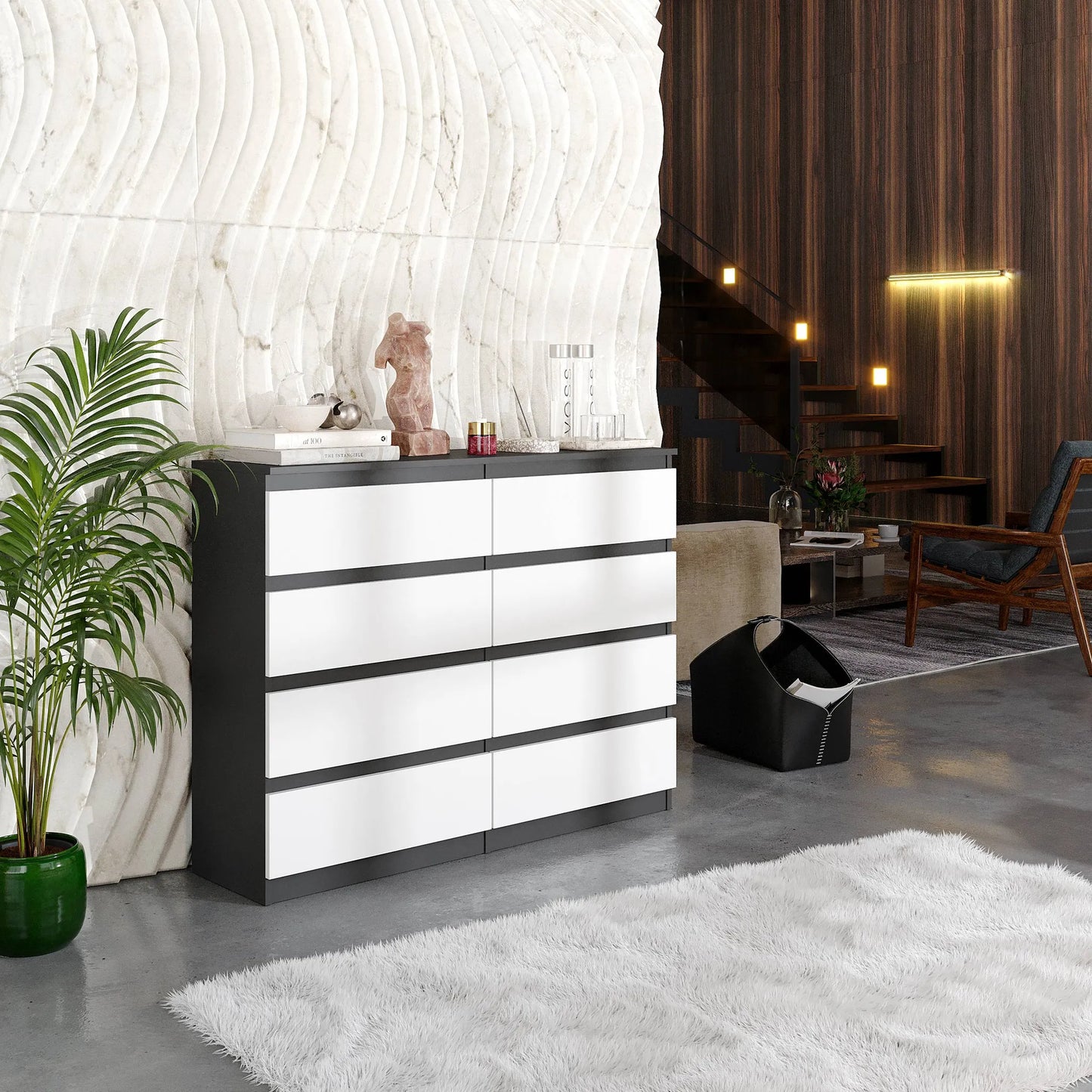 GABRIEL - Kommode / Sideboard mit 8 Schubladen - Anthrazit / Weiß Matt H92cm B120cm T33cm – Furnica
