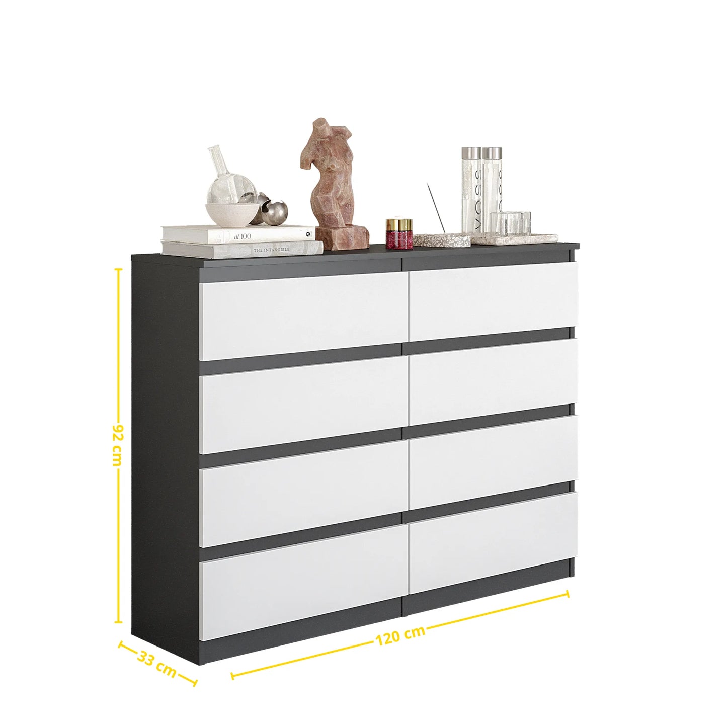 GABRIEL - Kommode / Sideboard mit 8 Schubladen - Anthrazit / Weiß Matt H92cm B120cm T33cm – Furnica