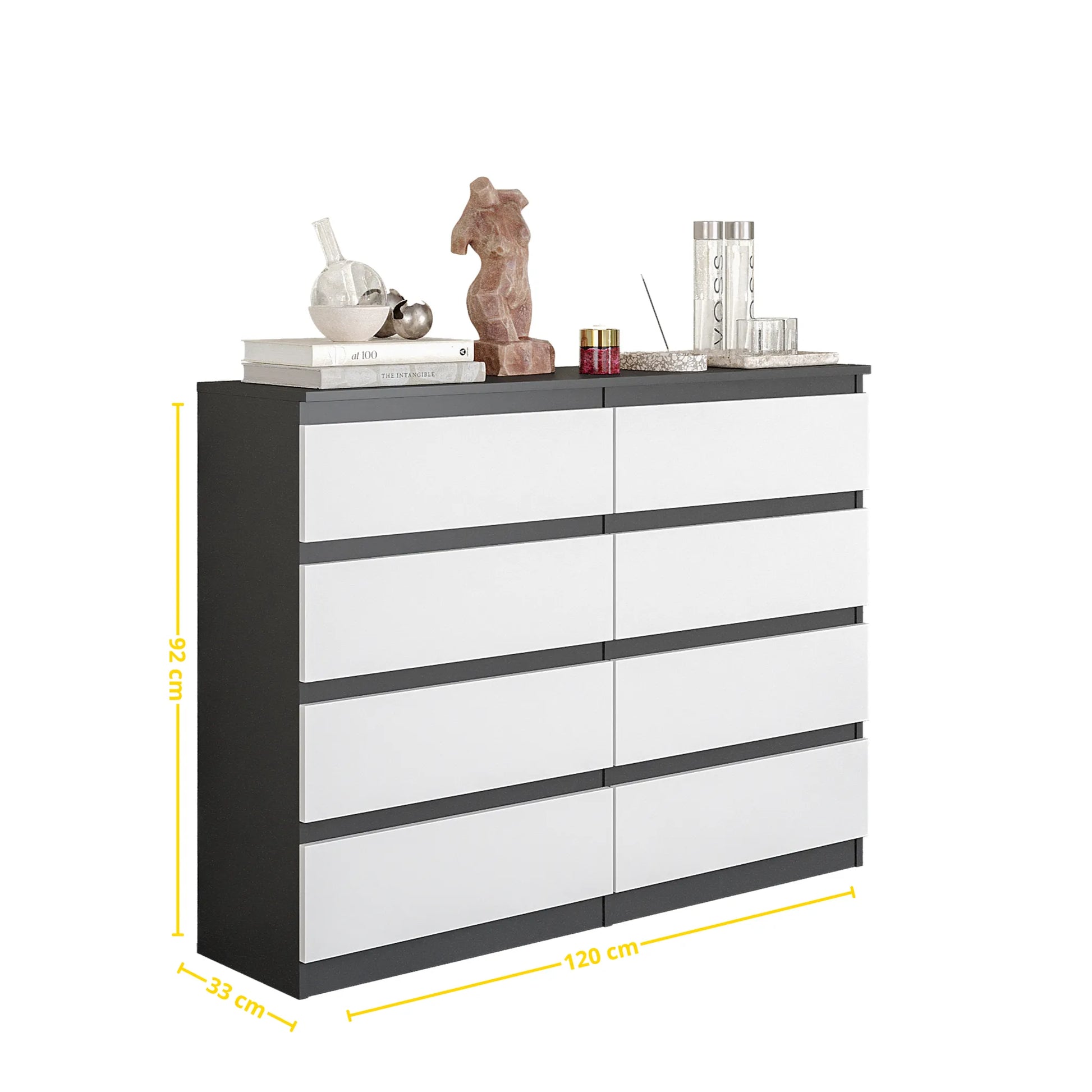 GABRIEL - Kommode / Sideboard mit 8 Schubladen - Anthrazit / Weiß Matt H92cm B120cm T33cm – Furnica