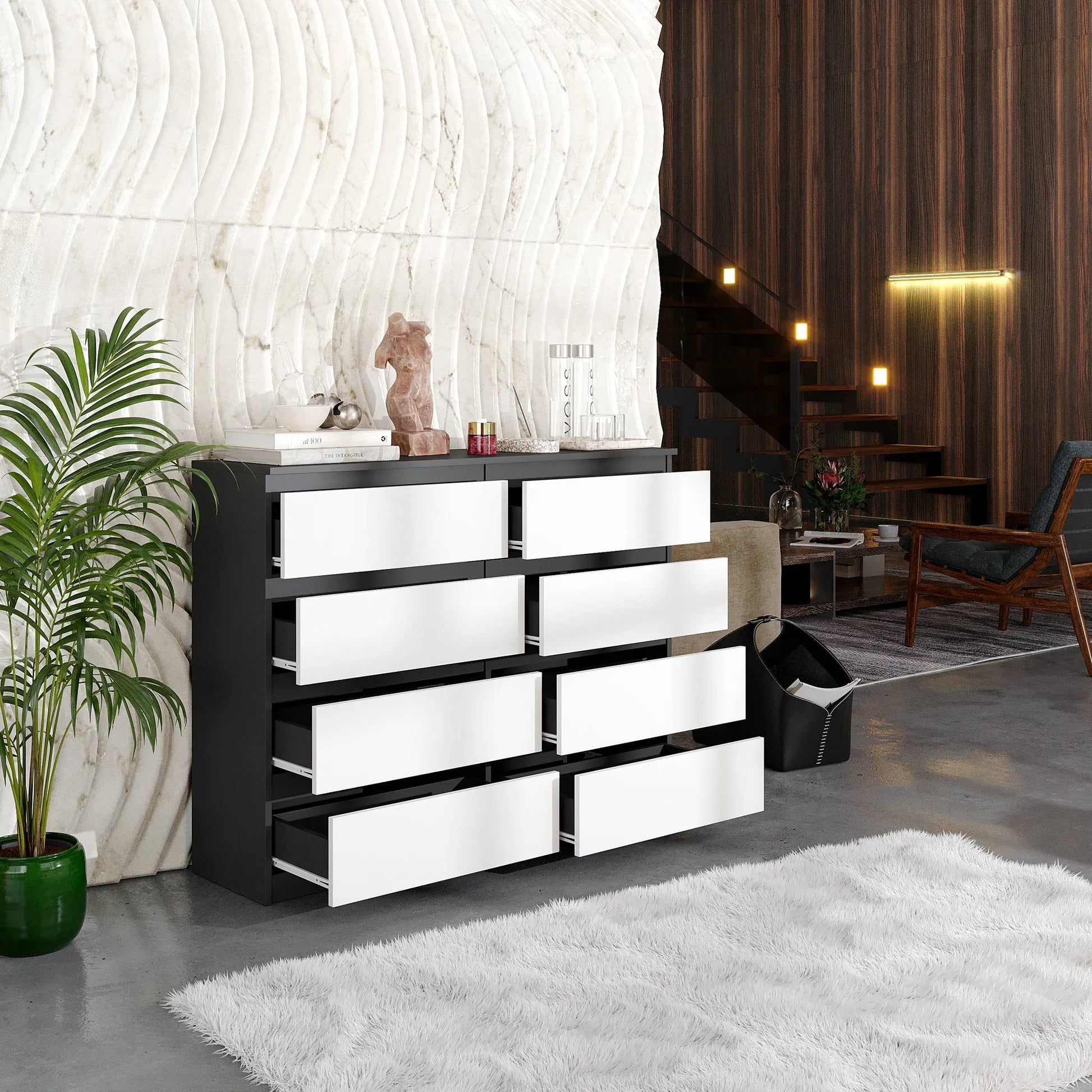 GABRIEL - Kommode / Sideboard mit 8 Schubladen - Anthrazit / Weiß Matt H92cm B120cm T33cm – Furnica