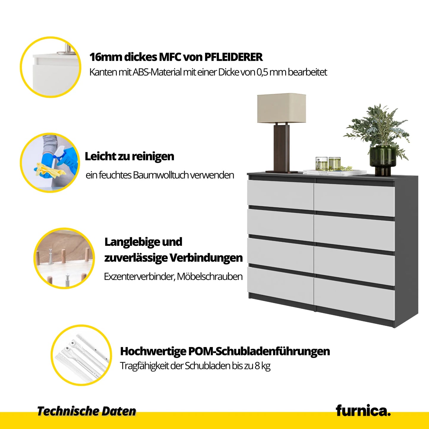 GABRIEL - Kommode / Sideboard mit 8 Schubladen - Anthrazit / Weiß Matt H92cm B120cm T33cm – Furnica