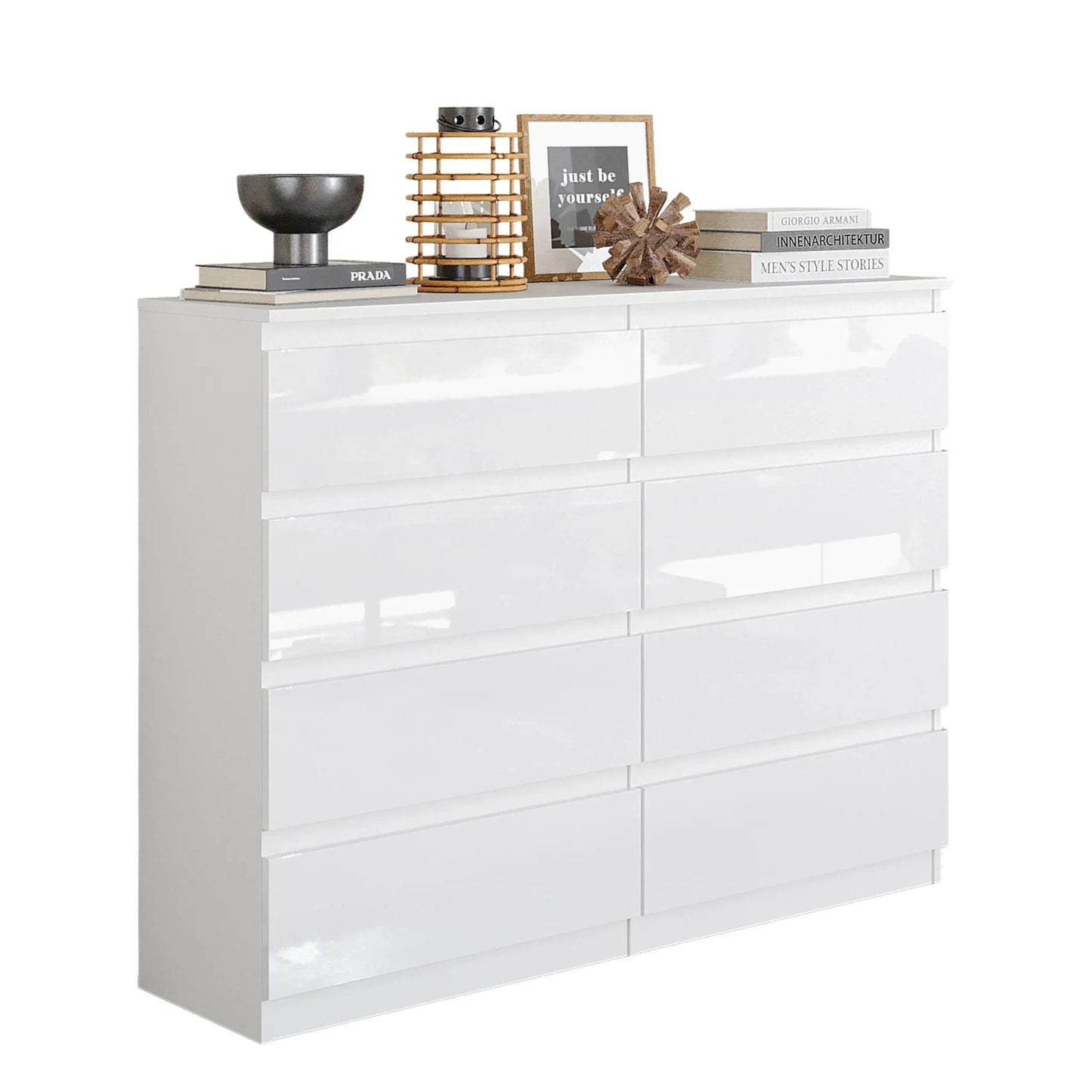 GABRIEL - Kommode / Sideboard mit 8 Schubladen - Weiß Gloss H92cm B120cm T33cm – Furnica