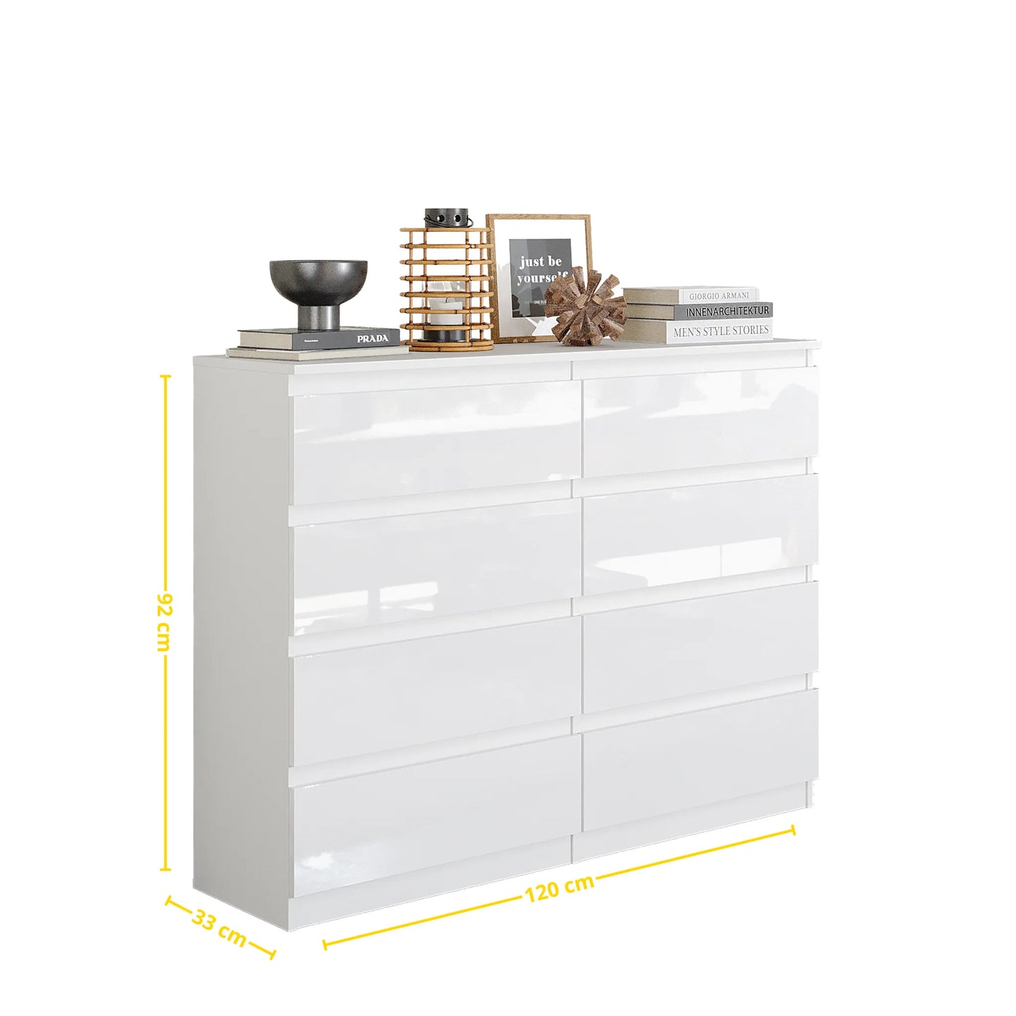 GABRIEL - Kommode / Sideboard mit 8 Schubladen - Weiß Gloss H92cm B120cm T33cm – Furnica