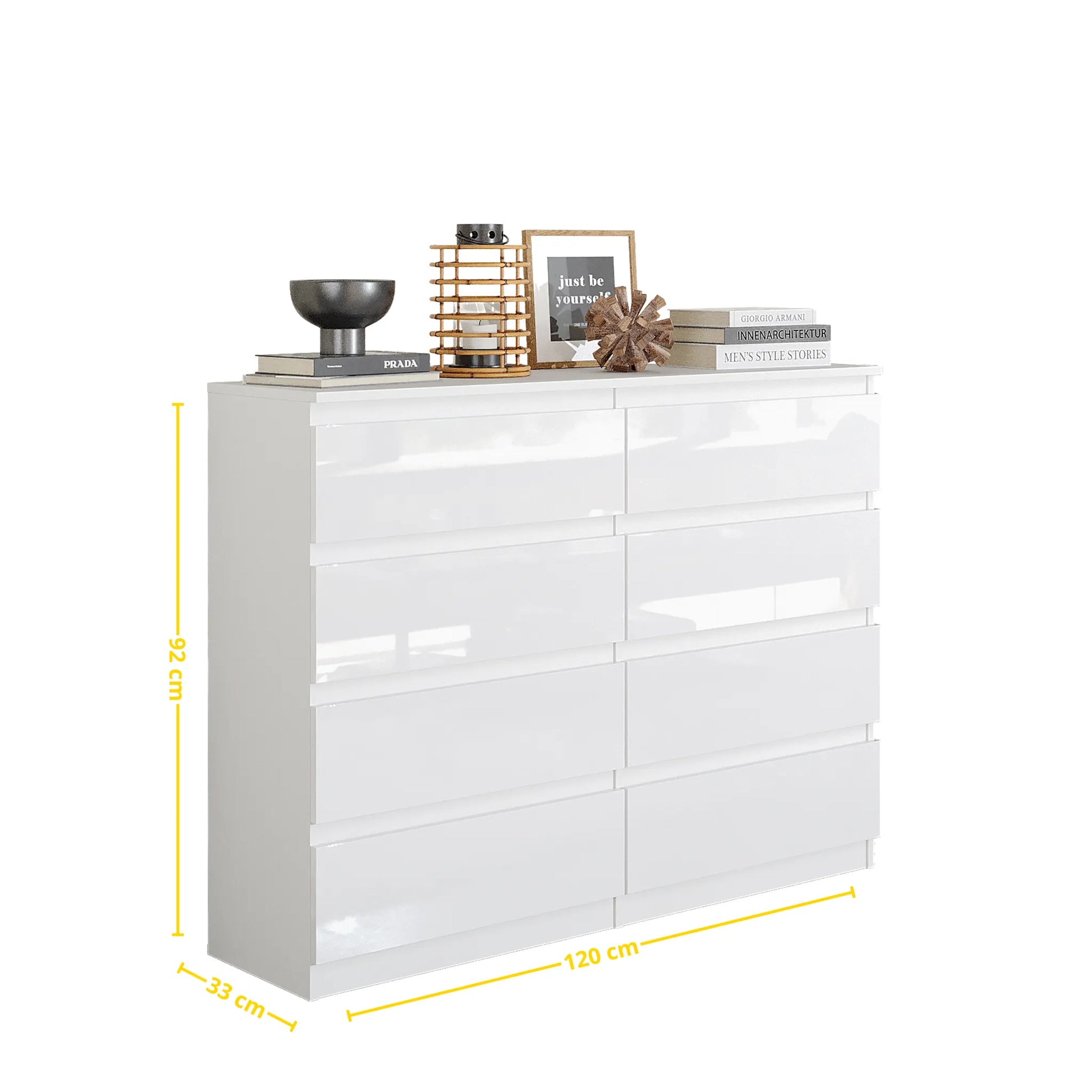 GABRIEL - Kommode / Sideboard mit 8 Schubladen - Weiß Gloss H92cm B120cm T33cm – Furnica