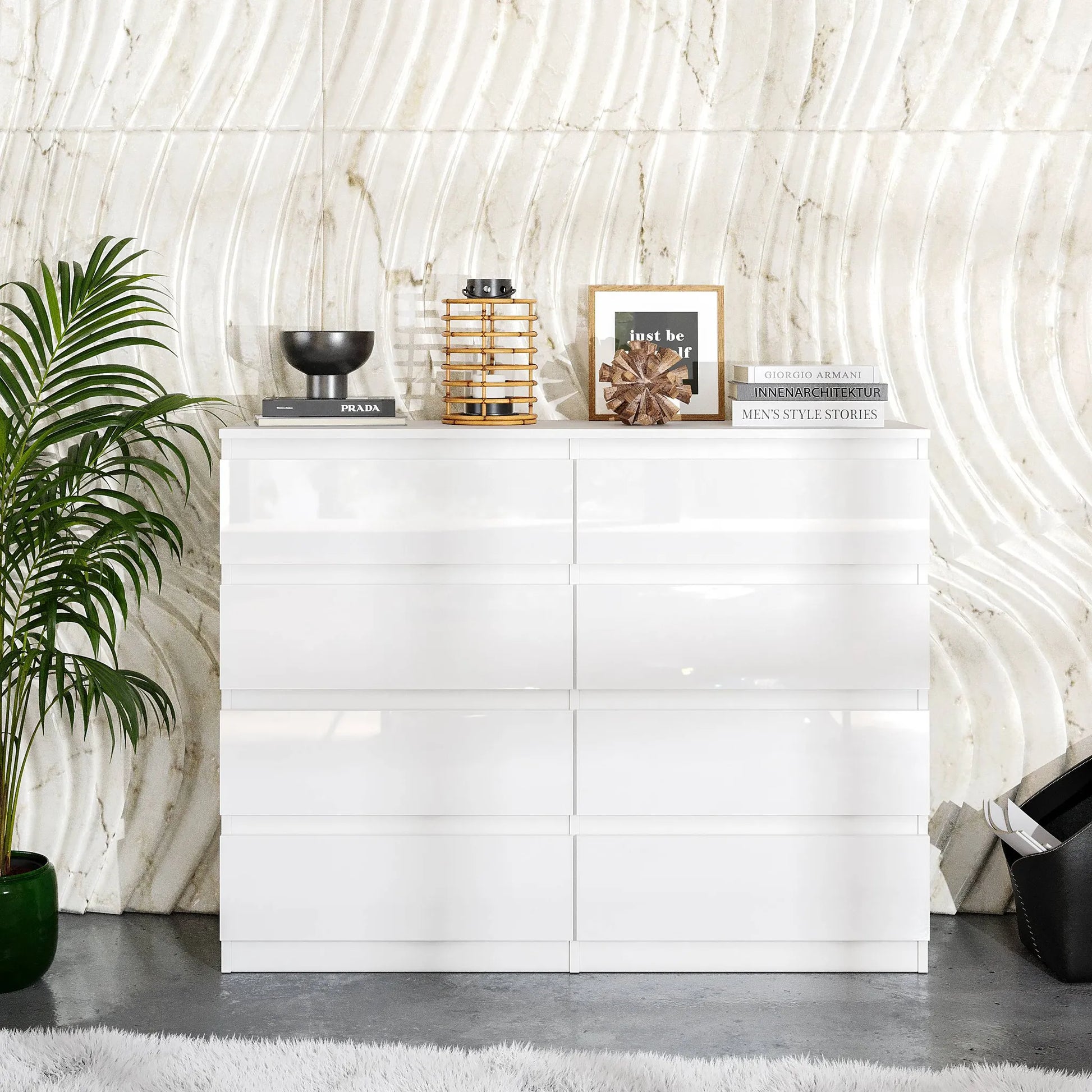 GABRIEL - Kommode / Sideboard mit 8 Schubladen - Weiß Gloss H92cm B120cm T33cm – Furnica