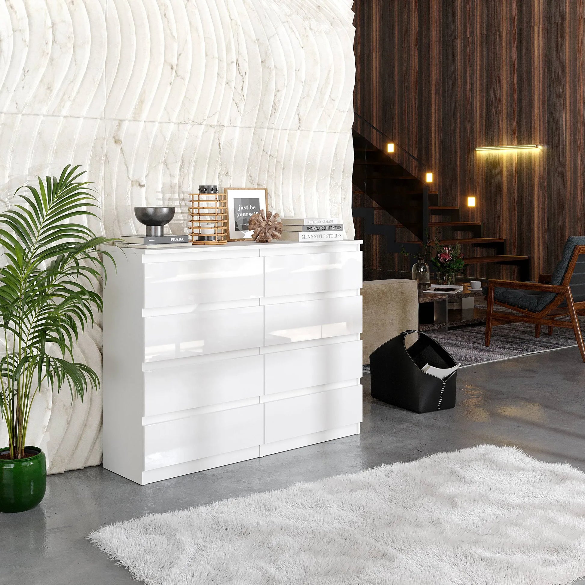 GABRIEL - Kommode / Sideboard mit 8 Schubladen - Weiß Gloss H92cm B120cm T33cm – Furnica