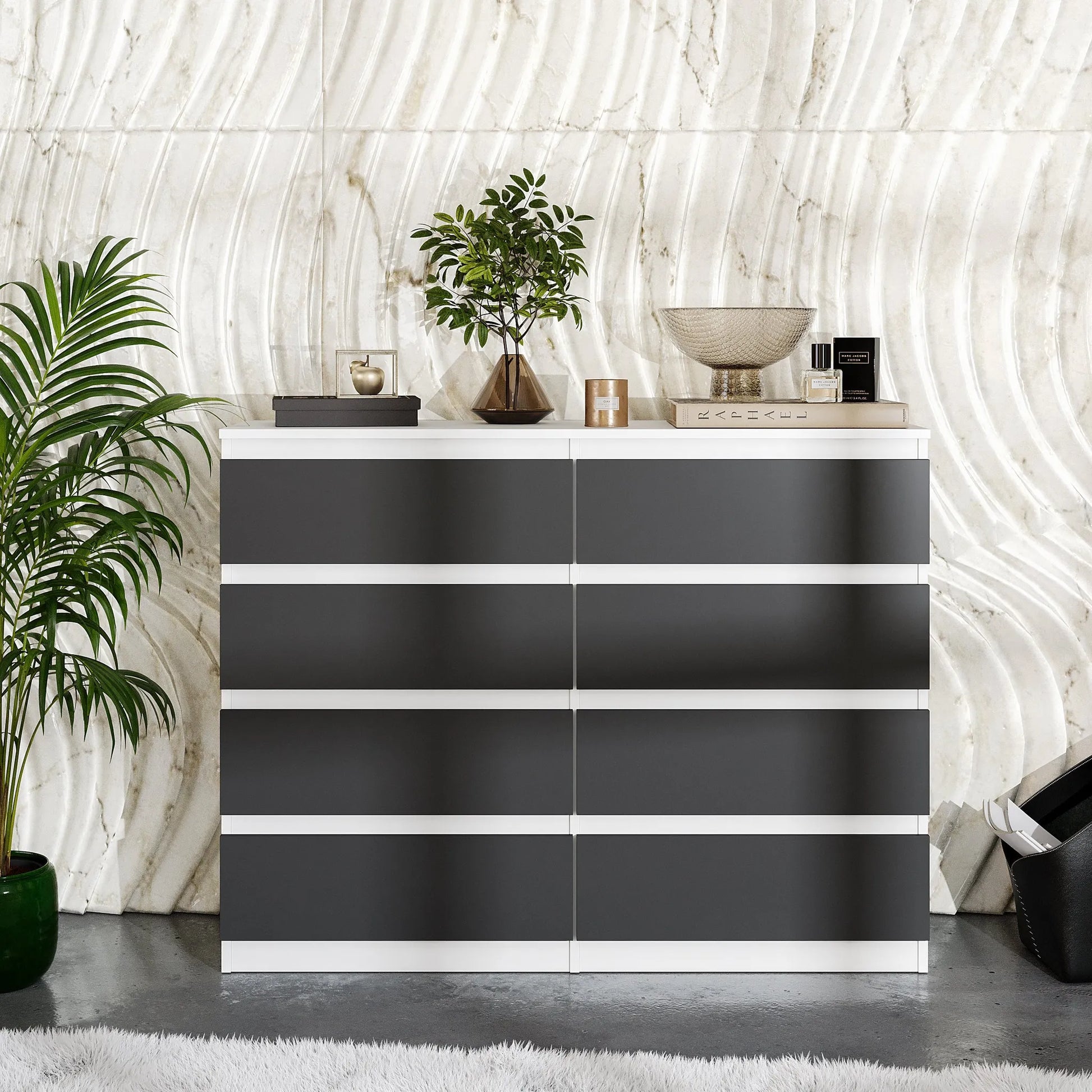 GABRIEL - Kommode / Sideboard mit 8 Schubladen - Weiß Matt / Anthrazit H92cm B120cm T33cm – Furnica