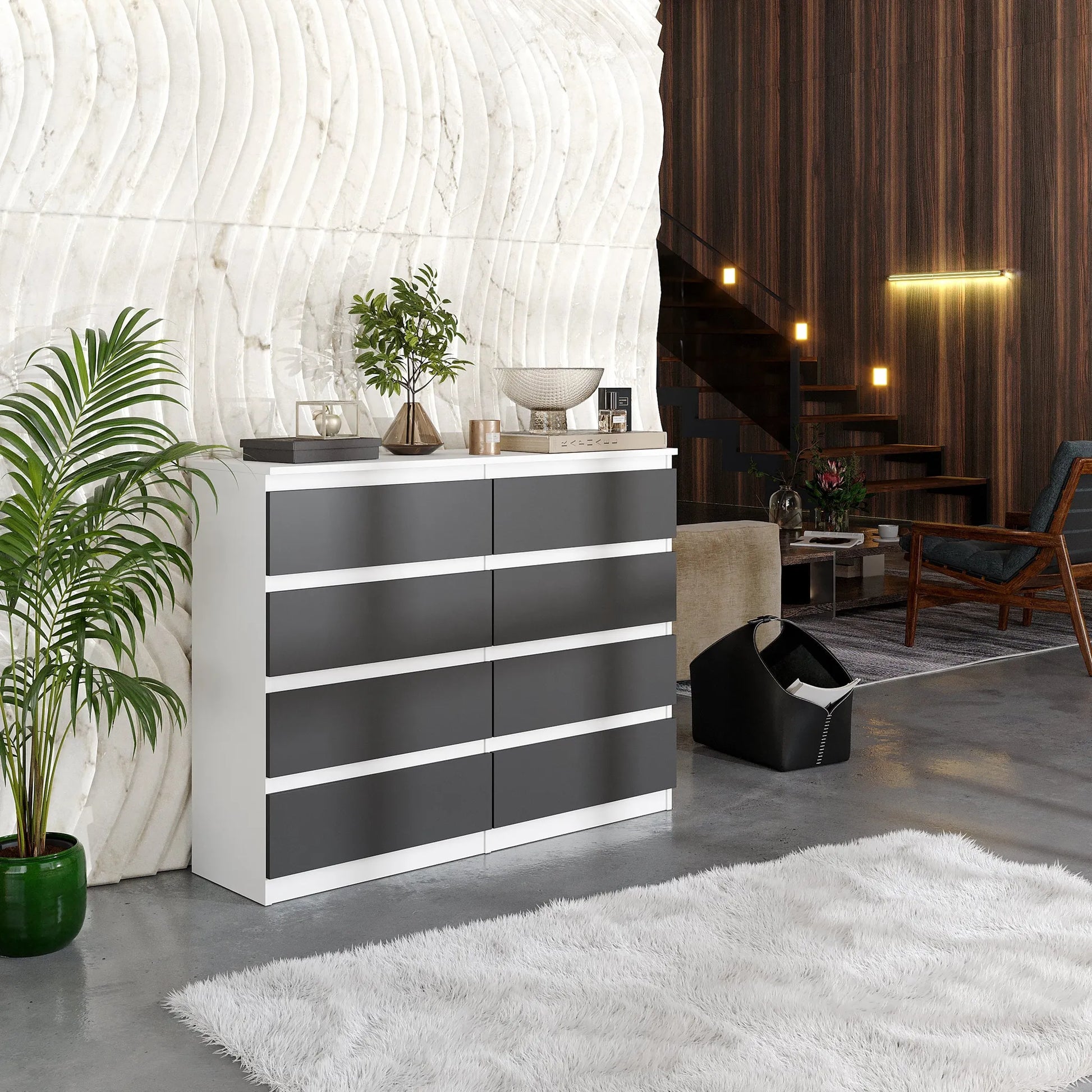 GABRIEL - Kommode / Sideboard mit 8 Schubladen - Weiß Matt / Anthrazit H92cm B120cm T33cm – Furnica