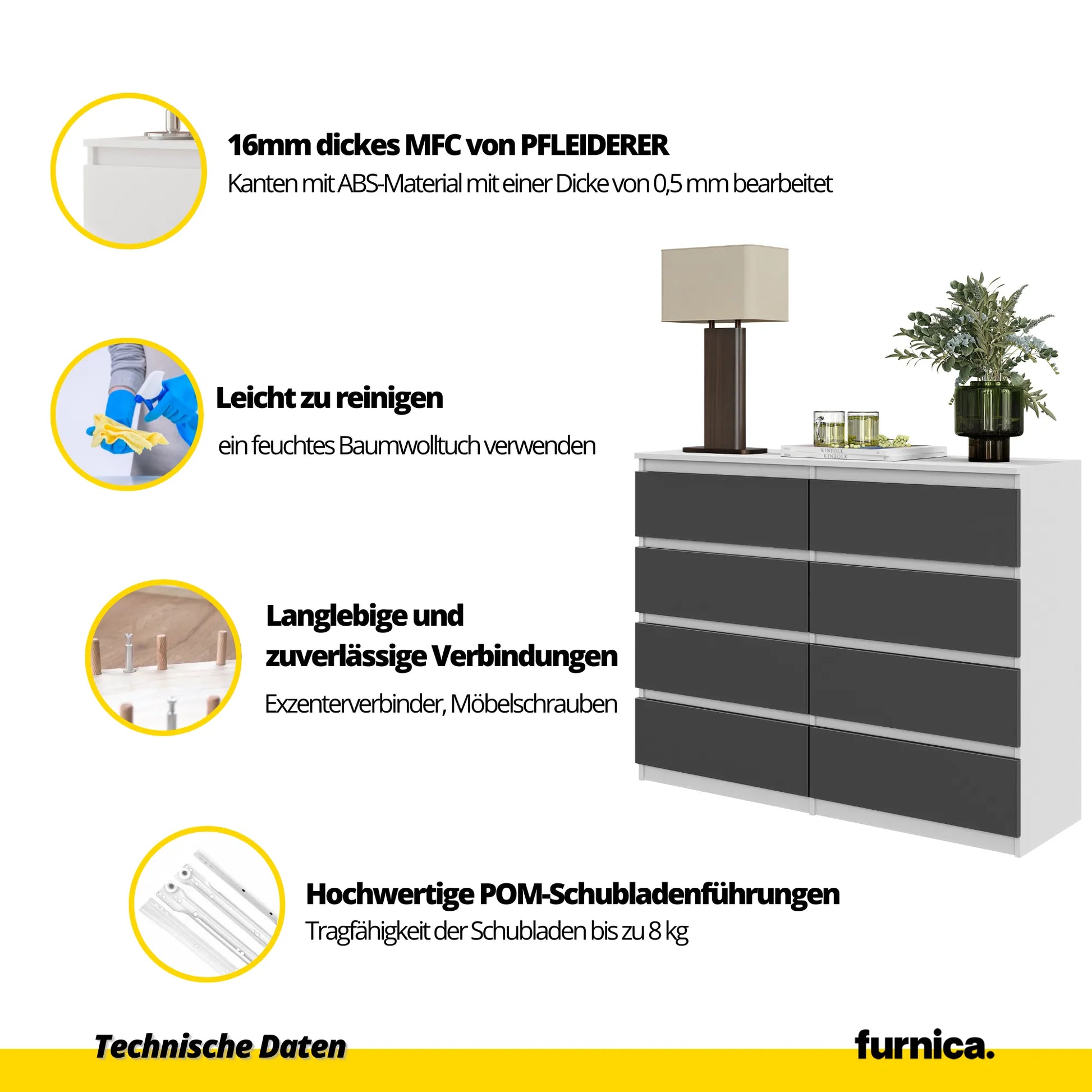 GABRIEL - Kommode / Sideboard mit 8 Schubladen - Weiß Matt / Anthrazit H92cm B120cm T33cm – Furnica