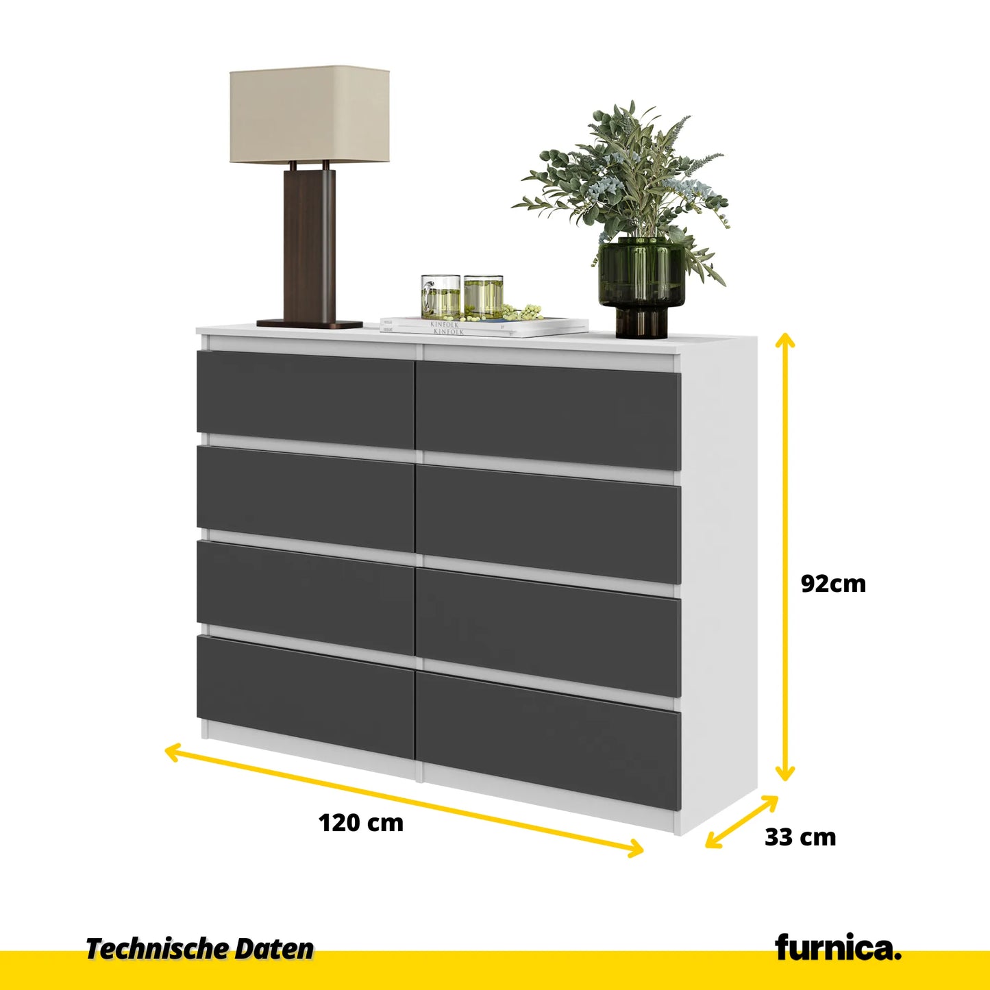 GABRIEL - Kommode / Sideboard mit 8 Schubladen - Weiß Matt / Anthrazit H92cm B120cm T33cm – Furnica