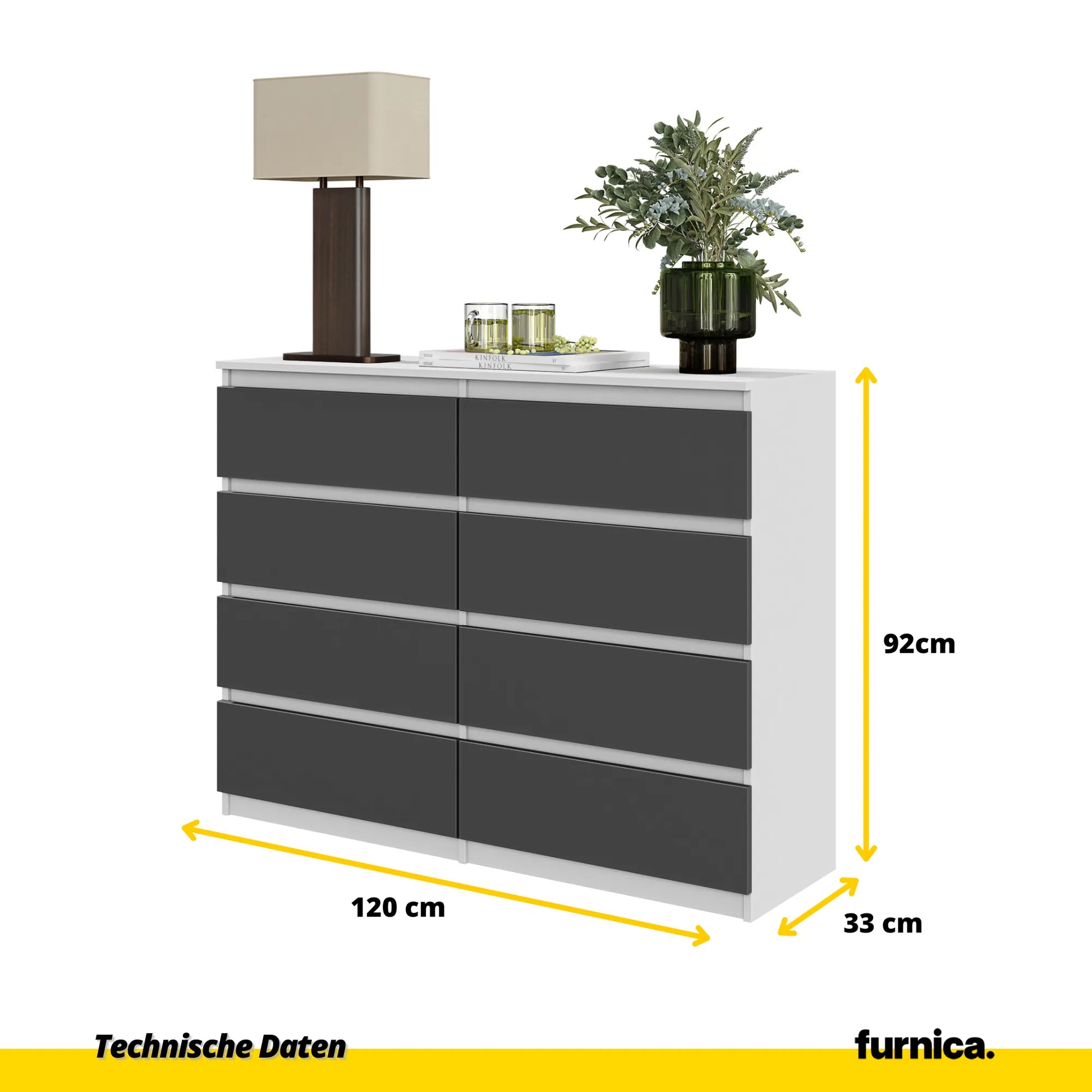 GABRIEL - Kommode / Sideboard mit 8 Schubladen - Weiß Matt / Anthrazit H92cm B120cm T33cm – Furnica