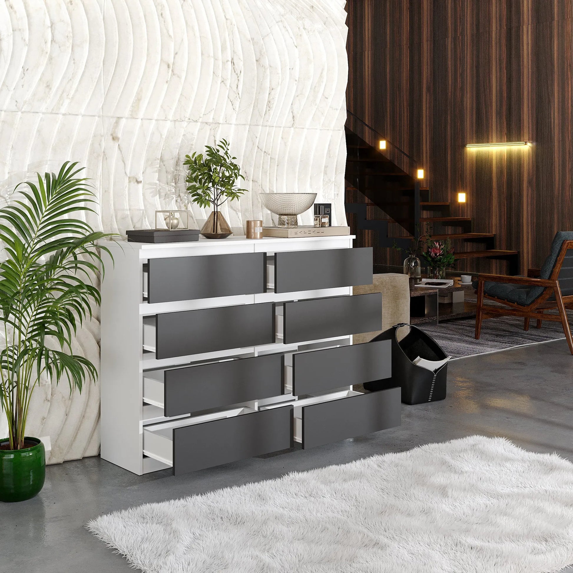 GABRIEL - Kommode / Sideboard mit 8 Schubladen - Weiß Matt / Anthrazit H92cm B120cm T33cm – Furnica