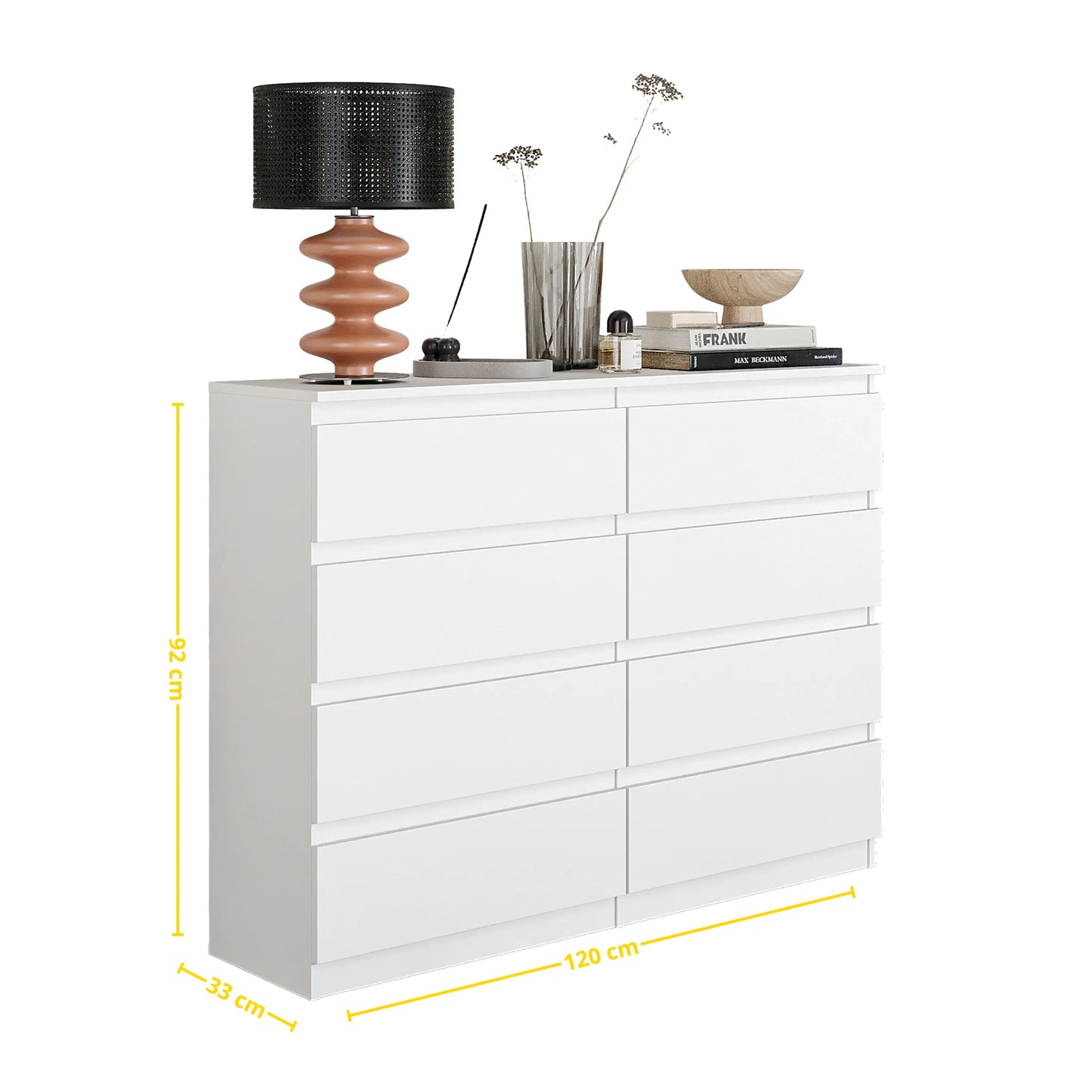 GABRIEL - Kommode / Sideboard mit 8 Schubladen - Weiß Matt H92cm B120cm T33cm – Furnica