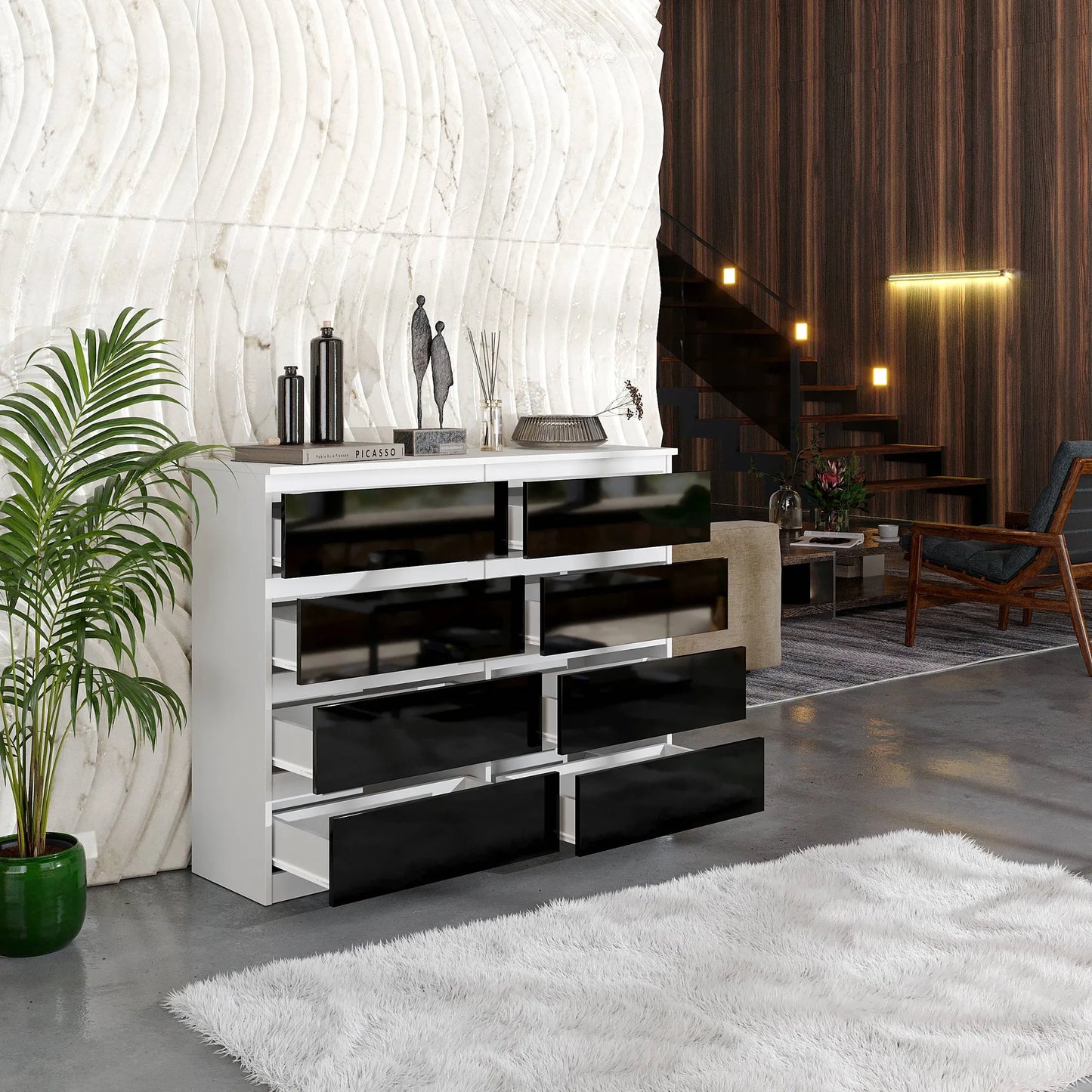GABRIEL - Kommode / Sideboard mit 8 Schubladen - Weiß Matt / Schwarz Gloss H92cm W120cm D33cm – Furnica