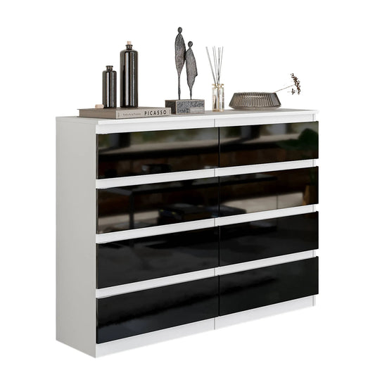 GABRIEL - Kommode / Sideboard mit 8 Schubladen - Weiß Matt / Schwarz Gloss H92cm W120cm D33cm – Furnica
