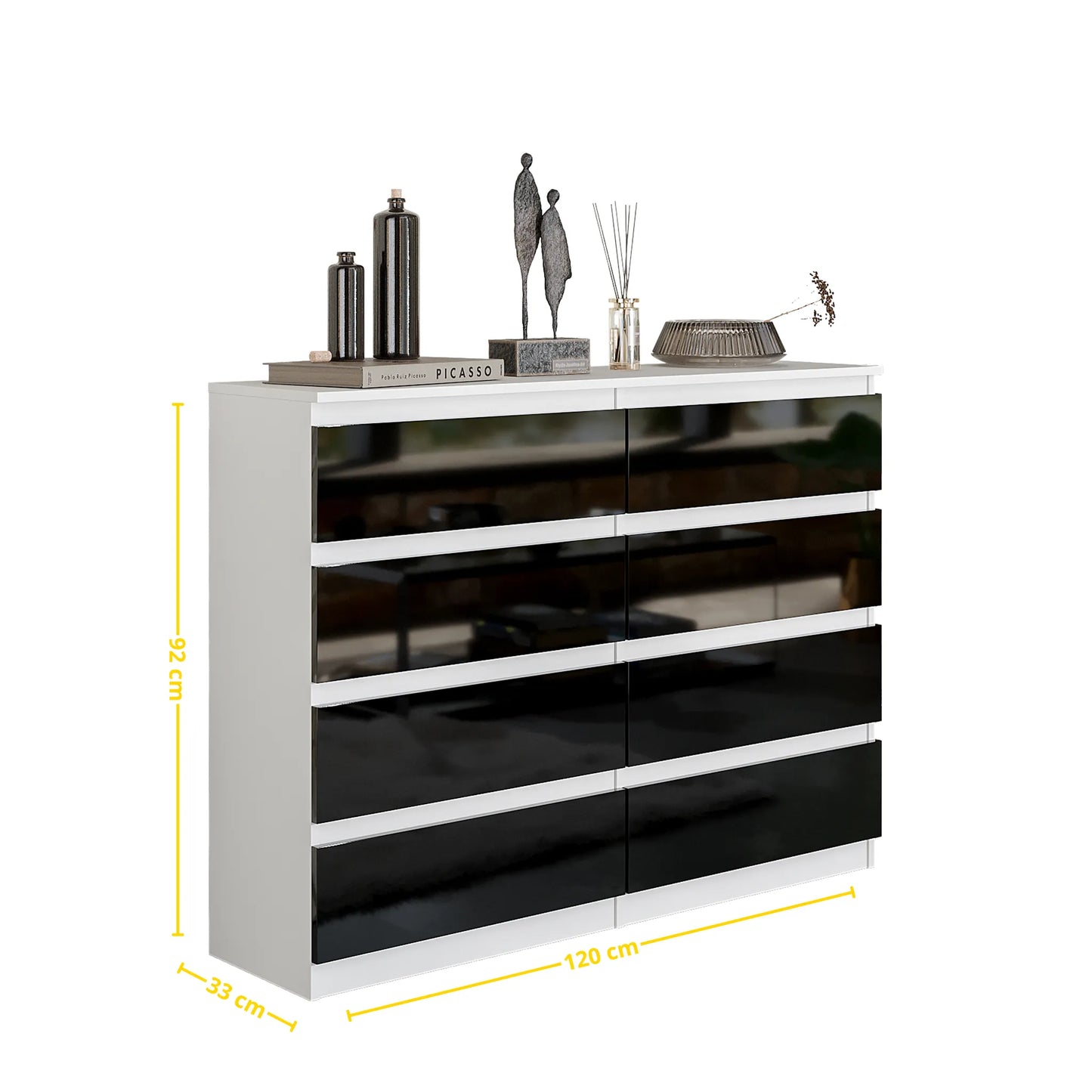 GABRIEL - Kommode / Sideboard mit 8 Schubladen - Weiß Matt / Schwarz Gloss H92cm W120cm D33cm – Furnica