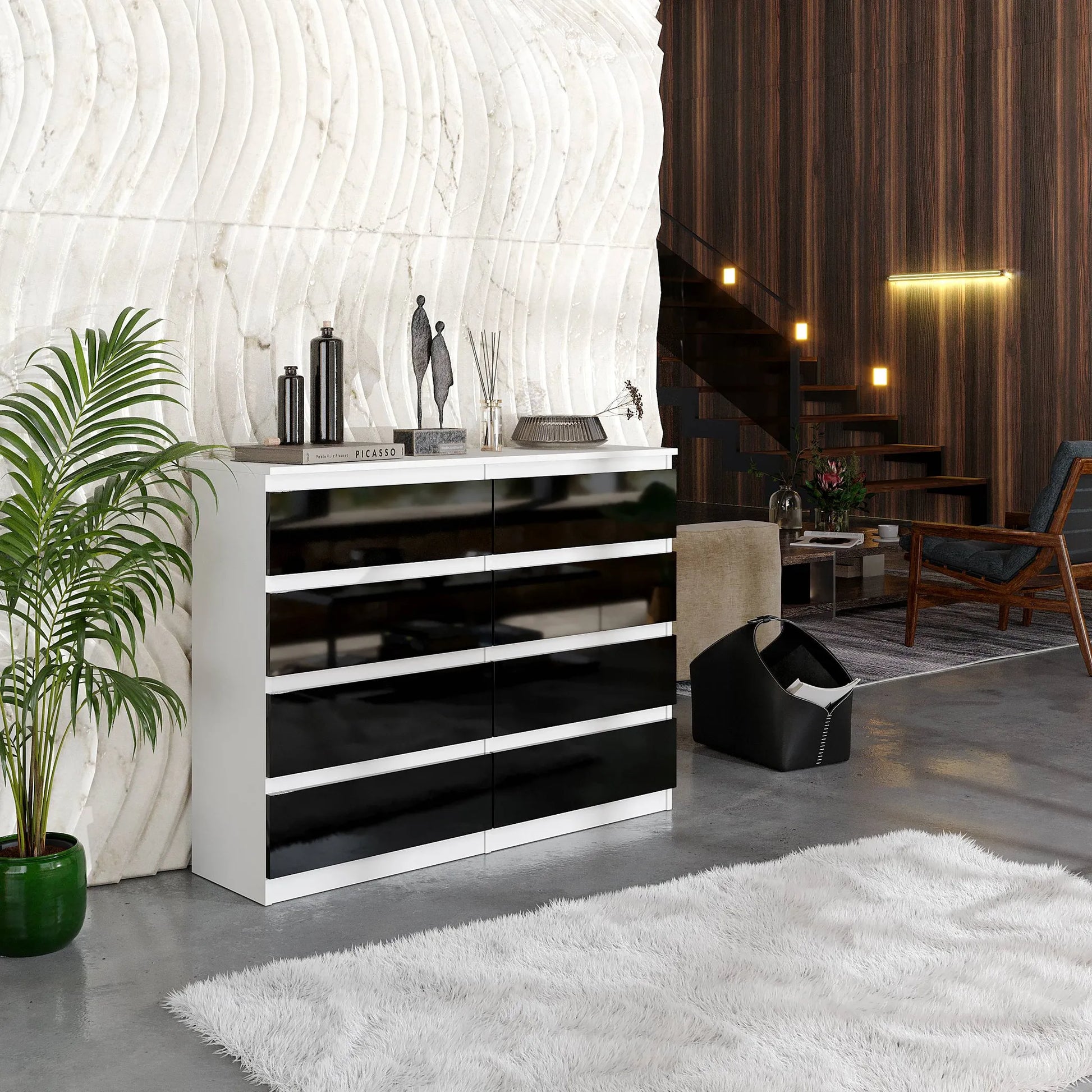 GABRIEL - Kommode / Sideboard mit 8 Schubladen - Weiß Matt / Schwarz Gloss H92cm W120cm D33cm – Furnica