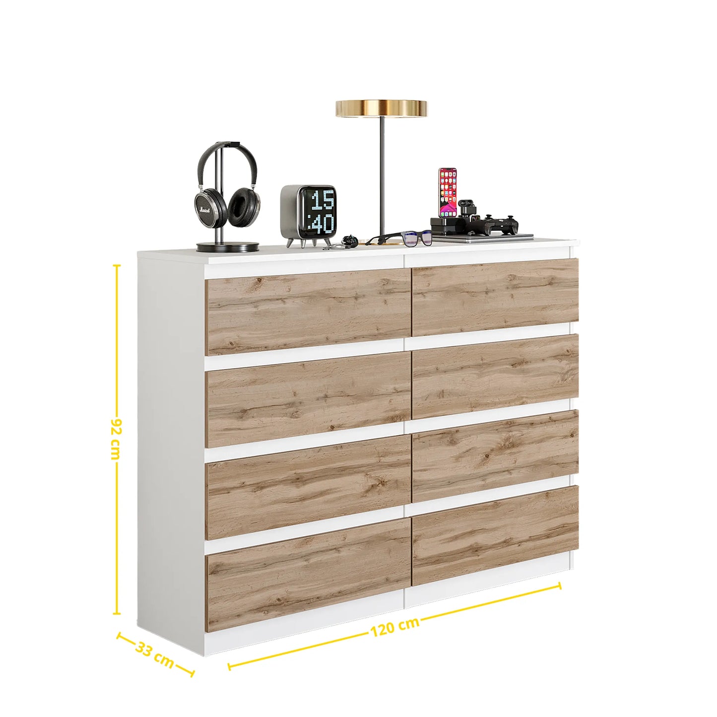 GABRIEL - Kommode / Sideboard mit 8 Schubladen - Weiß Matt / Wotan Eiche H92cm B120cm T33cm – Furnica