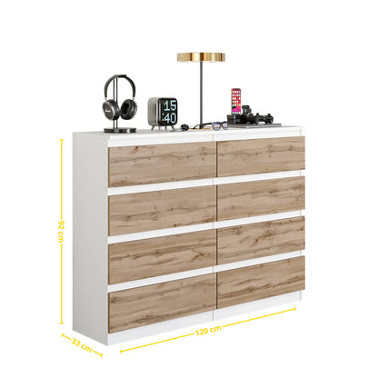 GABRIEL - Kommode / Sideboard mit 8 Schubladen - Weiß Matt / Wotan Eiche H92cm B120cm T33cm – Furnica