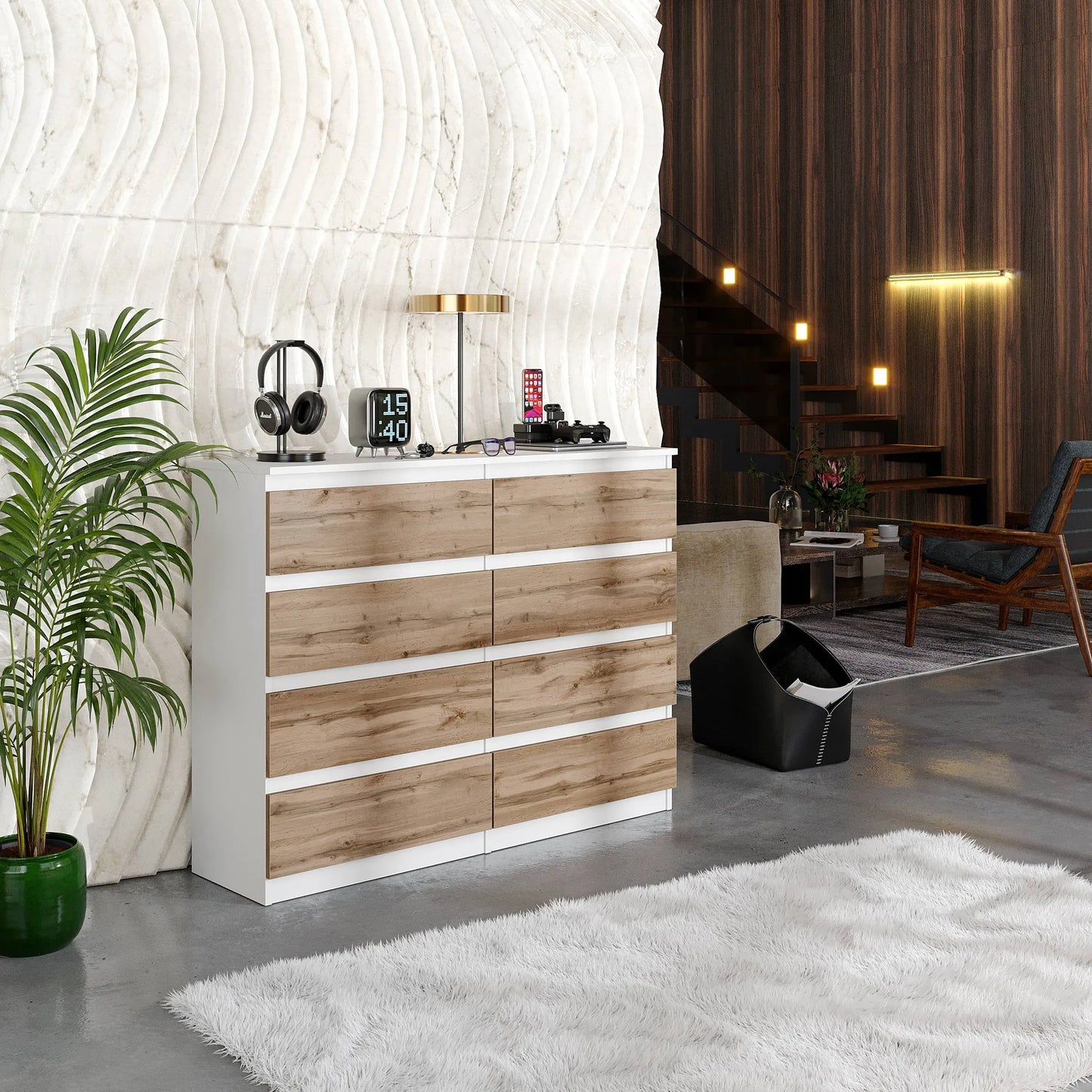 GABRIEL - Kommode / Sideboard mit 8 Schubladen - Weiß Matt / Wotan Eiche H92cm B120cm T33cm – Furnica