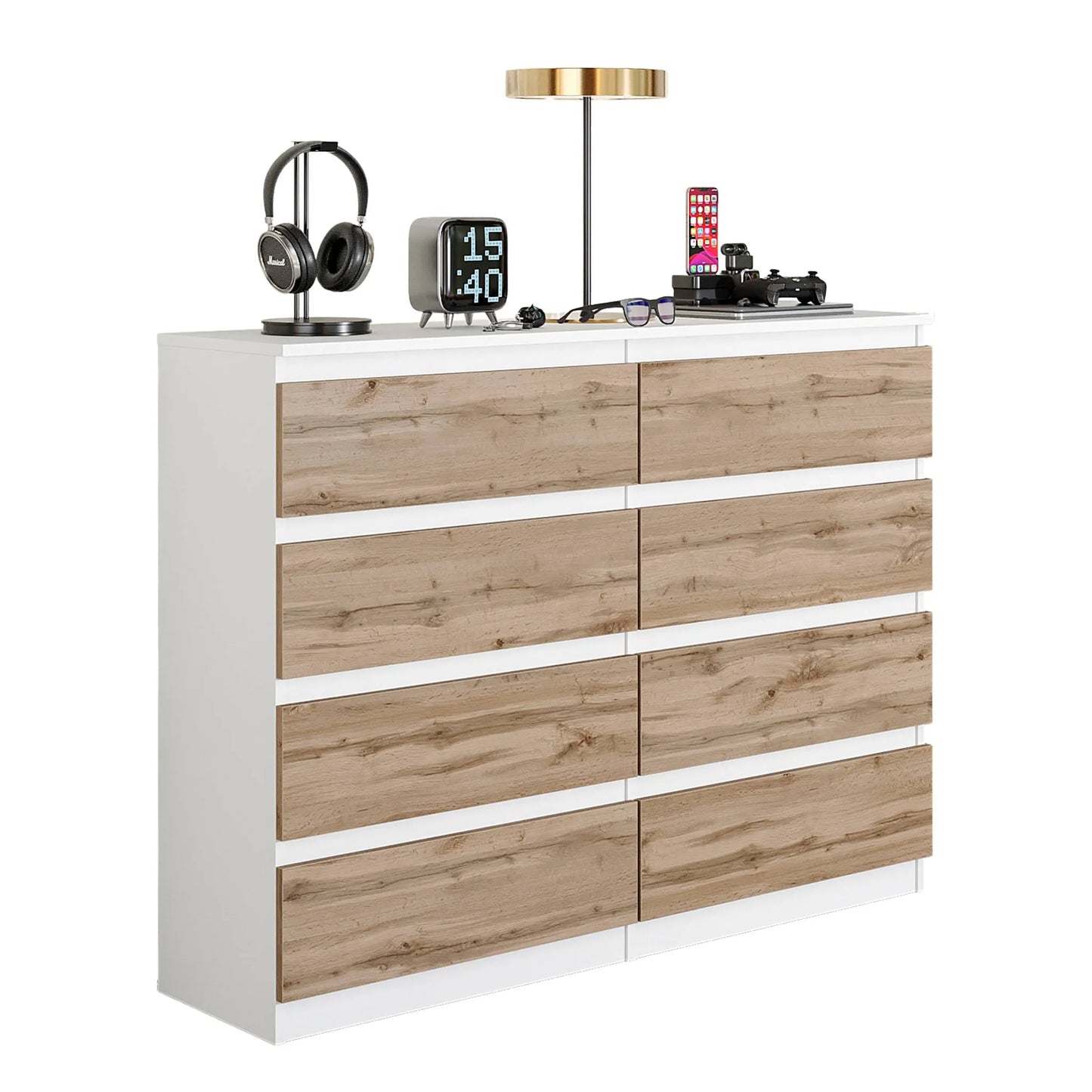 GABRIEL - Kommode / Sideboard mit 8 Schubladen - Weiß Matt / Wotan Eiche H92cm B120cm T33cm – Furnica