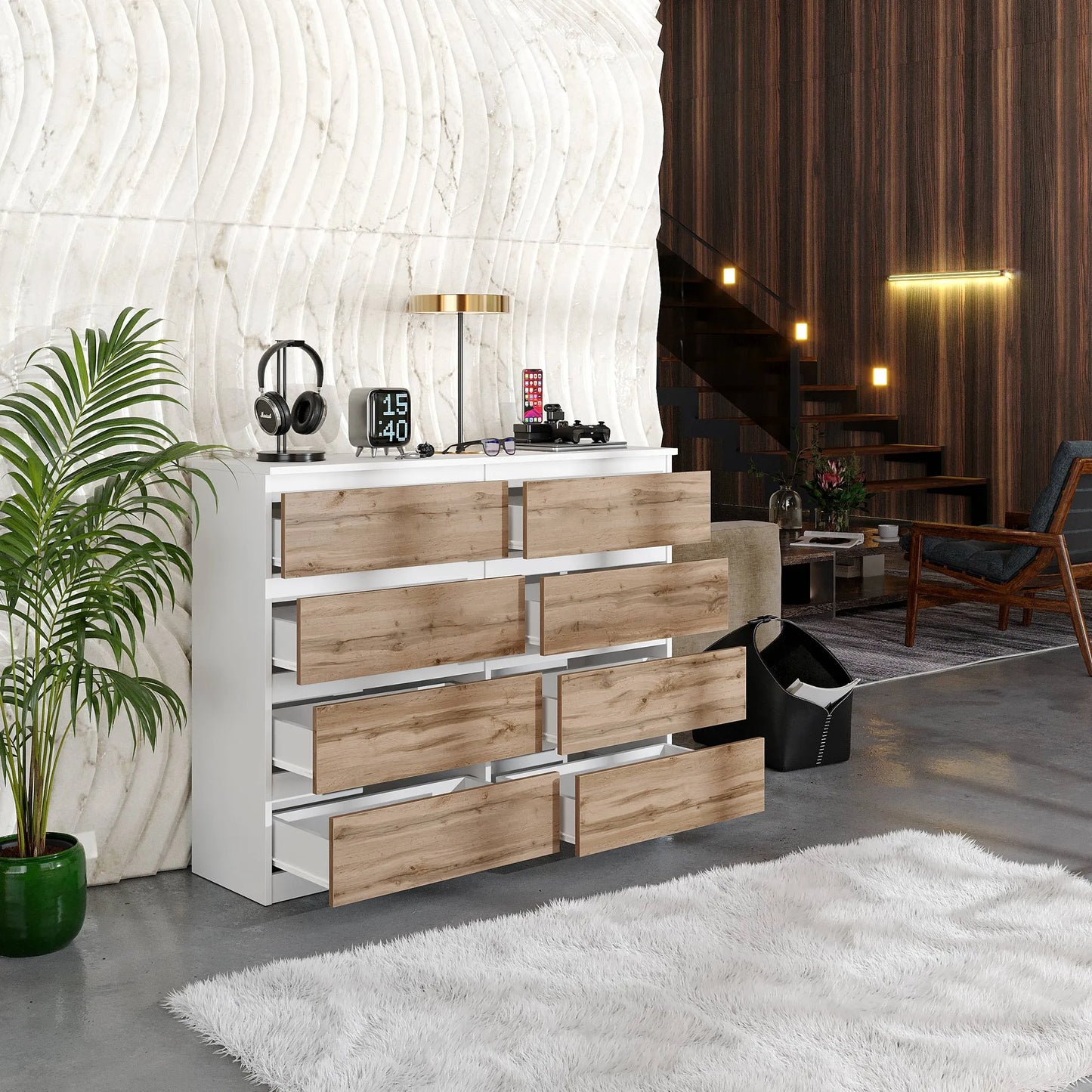 GABRIEL - Kommode / Sideboard mit 8 Schubladen - Weiß Matt / Wotan Eiche H92cm B120cm T33cm – Furnica