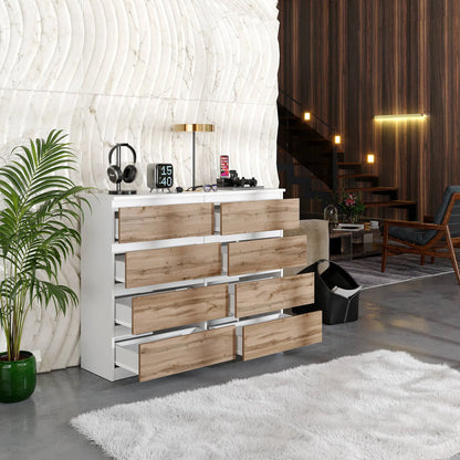 GABRIEL - Kommode / Sideboard mit 8 Schubladen - Weiß Matt / Wotan Eiche H92cm B120cm T33cm – Furnica