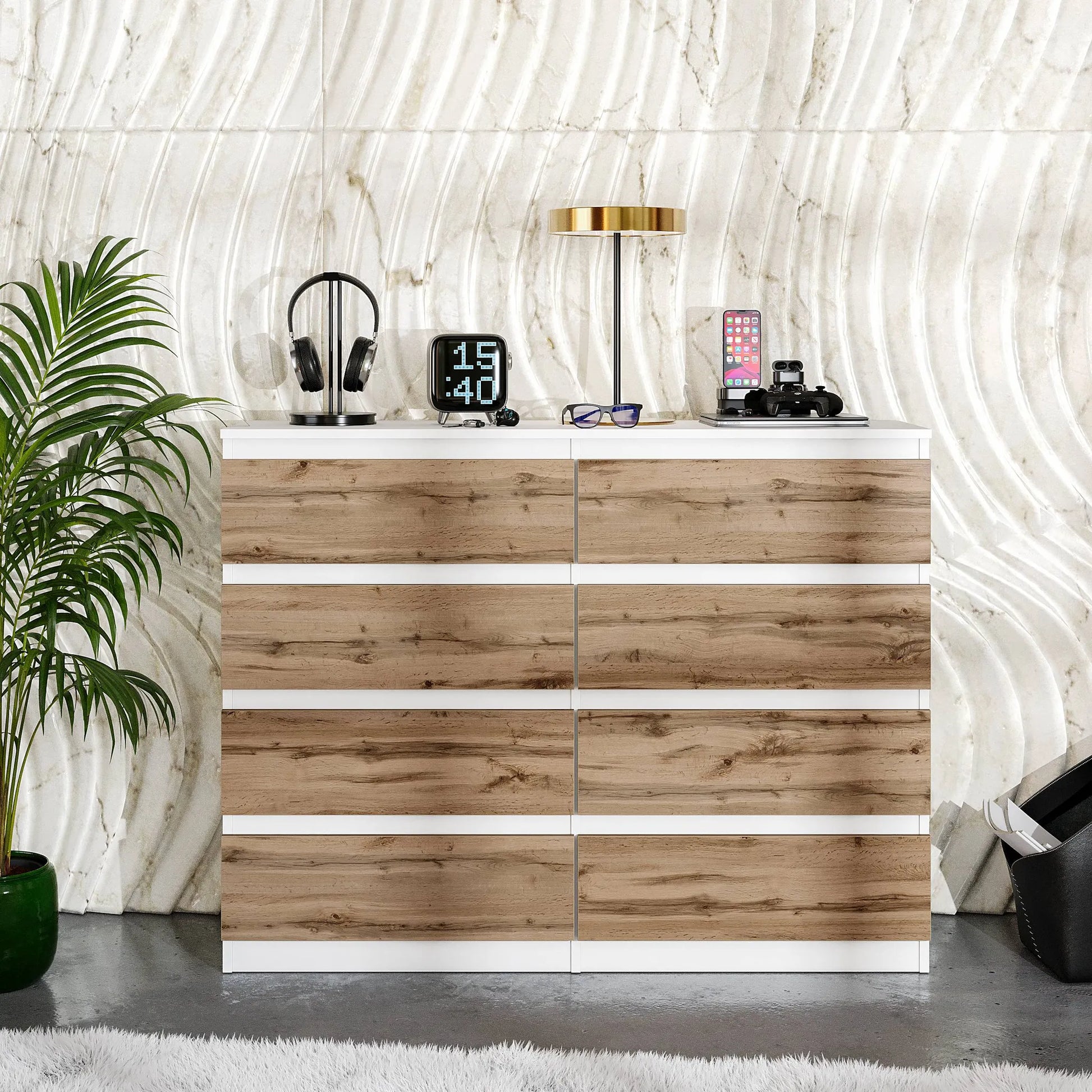 GABRIEL - Kommode / Sideboard mit 8 Schubladen - Weiß Matt / Wotan Eiche H92cm B120cm T33cm – Furnica