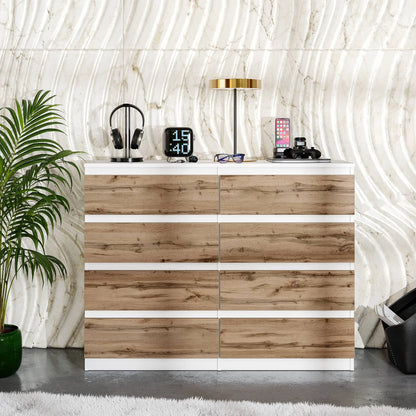 GABRIEL - Kommode / Sideboard mit 8 Schubladen - Weiß Matt / Wotan Eiche H92cm B120cm T33cm – Furnica