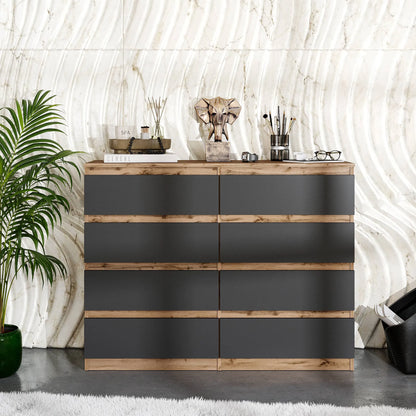 GABRIEL - Kommode / Sideboard mit 8 Schubladen - Wotan Eiche / Anthrazit H92cm B120cm T33cm – Furnica
