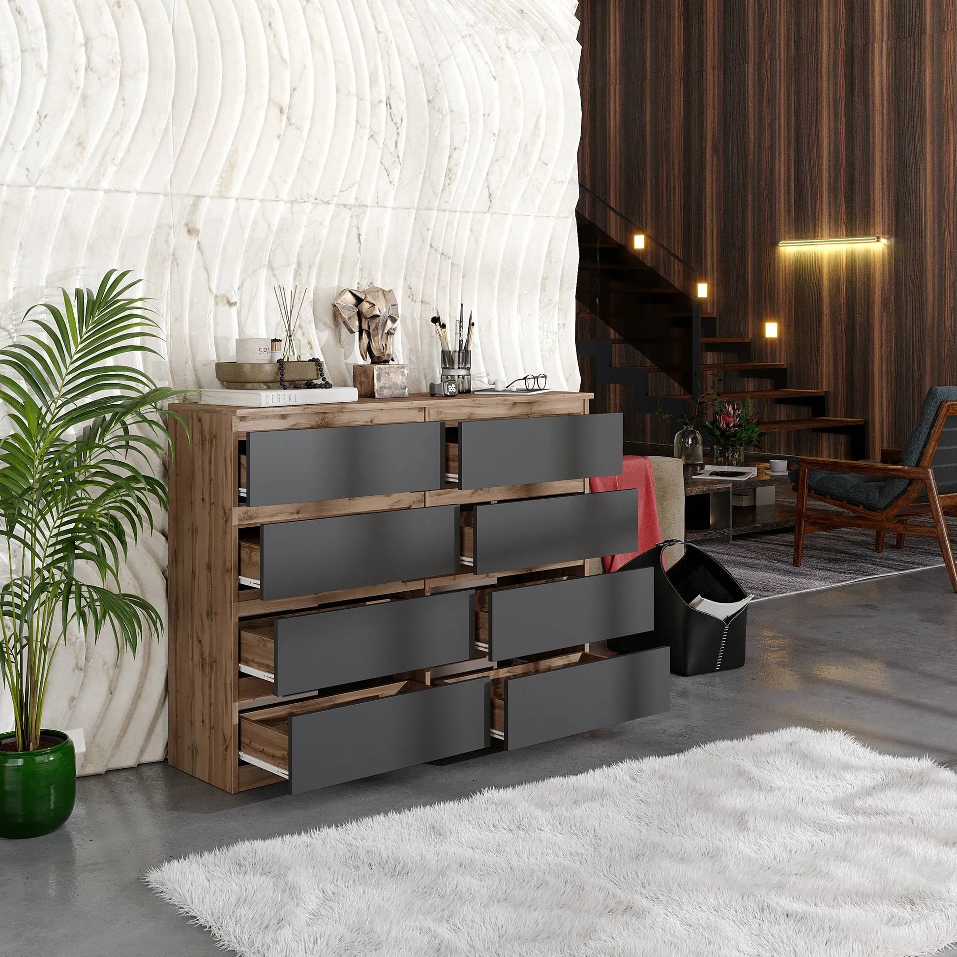 GABRIEL - Kommode / Sideboard mit 8 Schubladen - Wotan Eiche / Anthrazit H92cm B120cm T33cm – Furnica