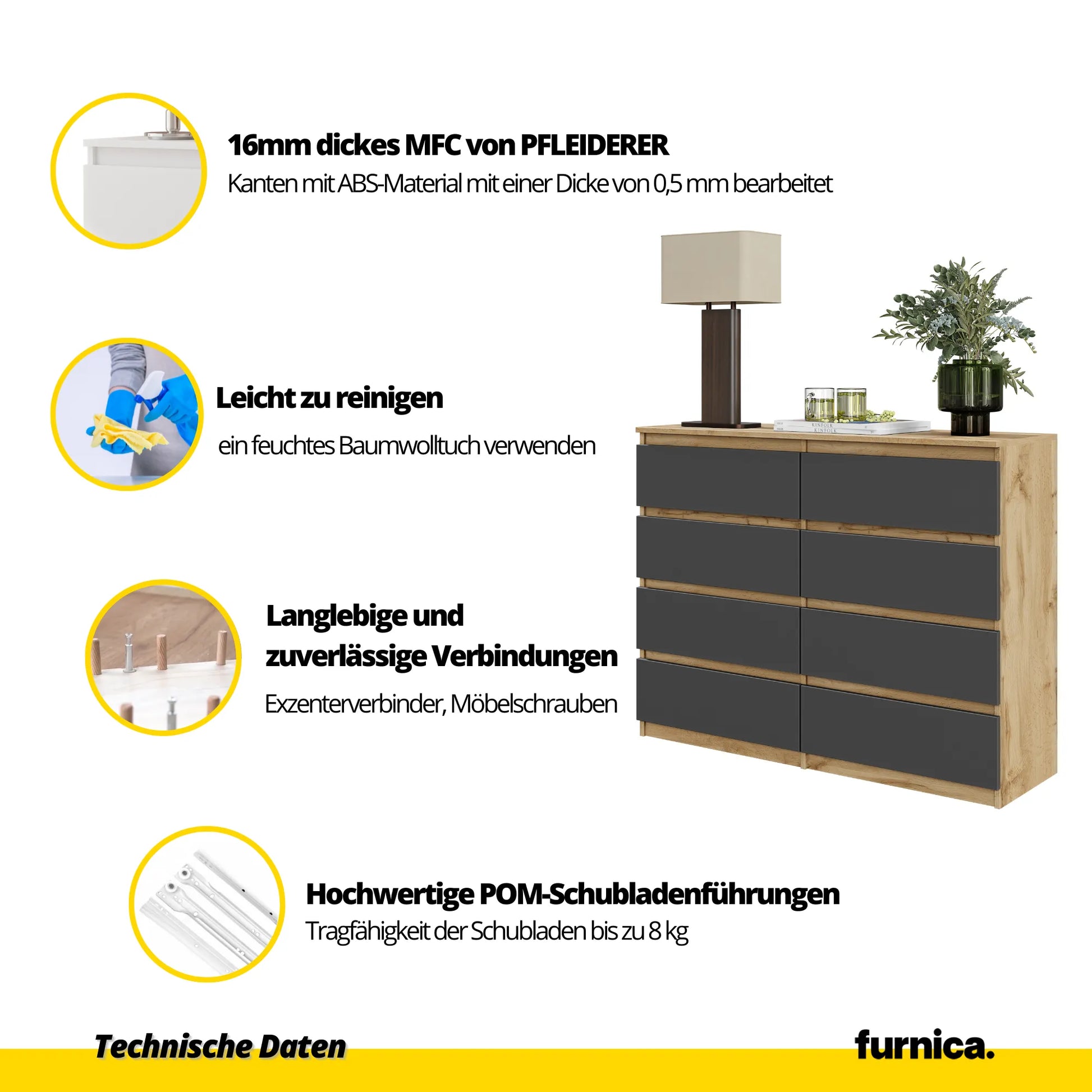 GABRIEL - Kommode / Sideboard mit 8 Schubladen - Wotan Eiche / Anthrazit H92cm B120cm T33cm – Furnica